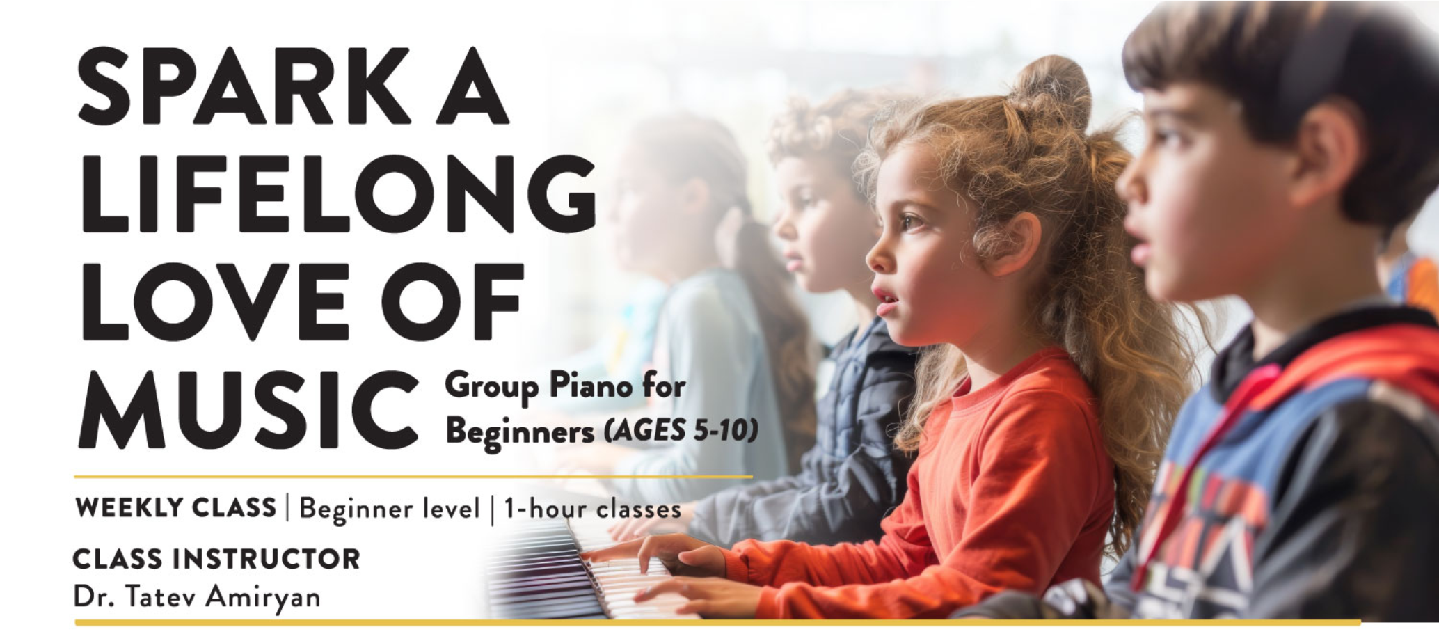 Group of children playing piano in a class, promoting beginner-level group piano lessons for ages 5-10, with instructor Dr. Tatev Amiryan.