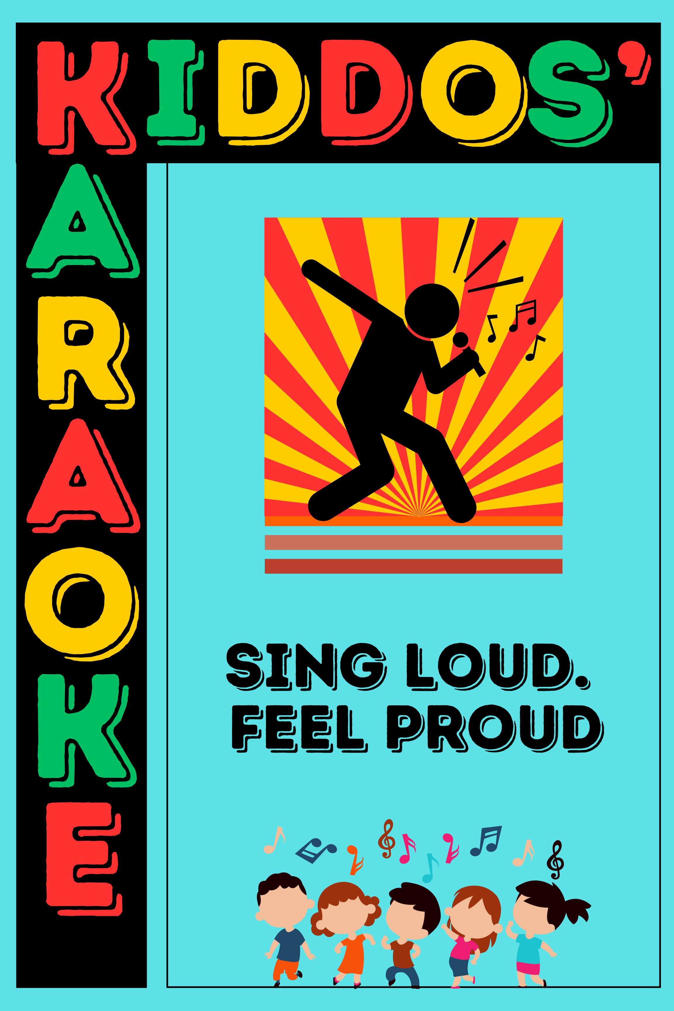 Children singing and dancing on stage with musical notes and colorful background, promoting singing loudly, feeling proud, and expressing joy.