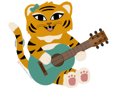Cartoon tiger playing a teal guitar