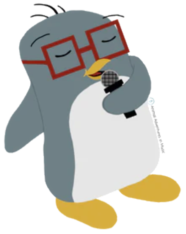 Cartoon penguin with glasses singing into a microphone