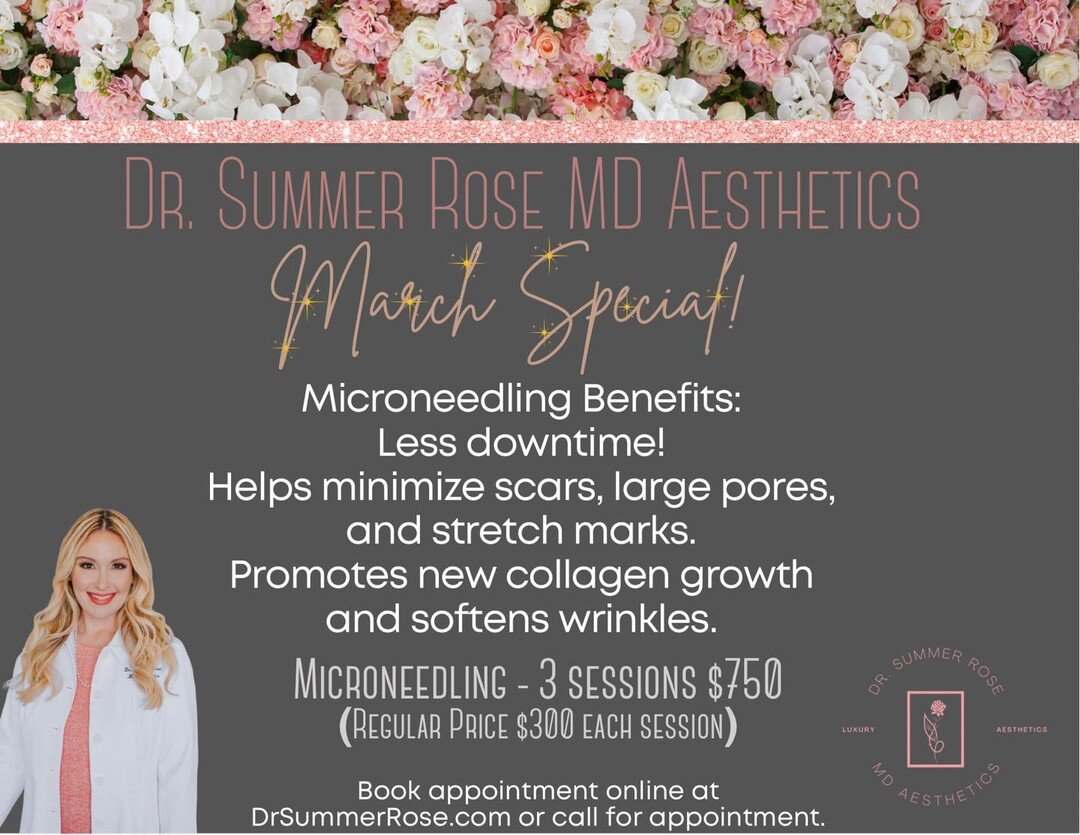 🍀March Special!🍀 
3 sessions of Microneedling $750 ($150 savings!!!)

Brighten skin and promote new collagen growth to tackle wrinkles! ☀️ 

Schedule online at drsummerrose.com 
🗓 By appointment only

&bull;
&bull;
&bull;
#Creekside #creeksidewood