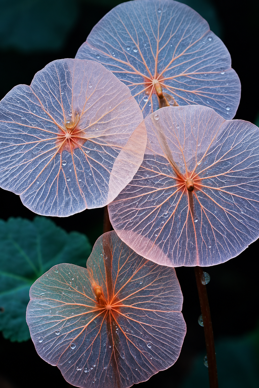 Close-up of translucent, circular leaves with visible veins and water droplets on a dark background.
