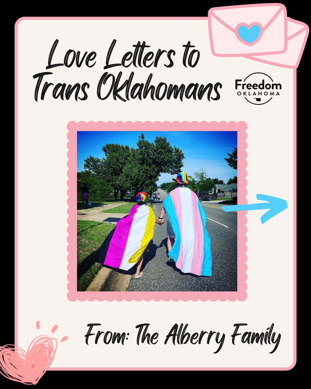  "Love Letters to Trans Oklahomans From: The Alberry Family" on a black, pink, blue, and beige graphic. In the center is an image of a child and an adult holding hands in the street. You can only see their backs--they're wearing the non-binary pride 