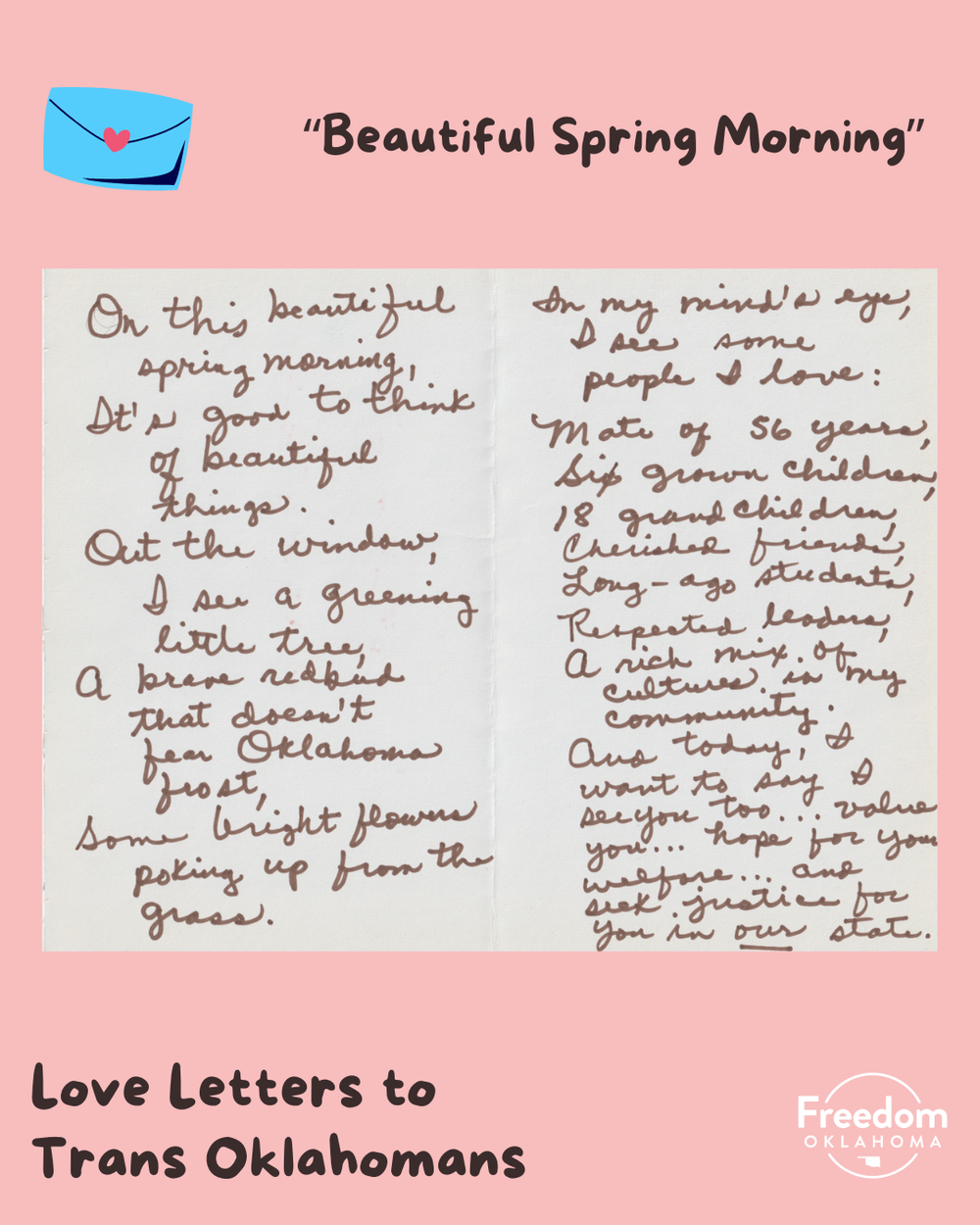  Similar pink graphic with artwork in the center: Piece titled "Beautiful Spring Morning." A hand-written cursive letter on a piece of white paper. "On this beautiful spring morning, it's good to think of beautiful things. Out the window, I see a gre