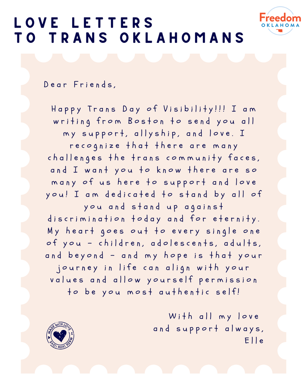  "Love Letters to Trans Oklahomans" on a white background. A graphic of a beige stamp takes up most of the graphic with the text of a love letter: Dear Friends, Happy Trans Day of Visibility!!! I am writing from Boston to send you all my support, all
