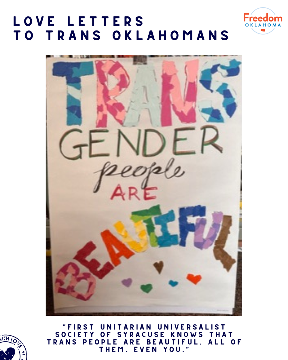  "Love Letters to Trans Oklahomans" and "First Unitarian Universalist Society of Syracuse knows that trans people are beautiful. All of them. Even you." on a white background with their art submission in the center: "Transgender people are beautiful"