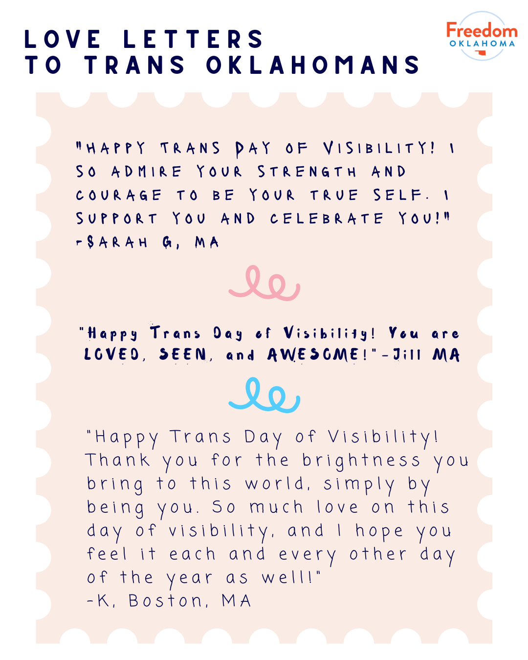  "Love Letters to Trans Oklahomans" on a white background. A graphic of a beige stamp takes up most of the graphic with the text of 3 love letters. #1: "Happy Trans Day of Visibility! I so admire your strength and courage to be your true self. I supp
