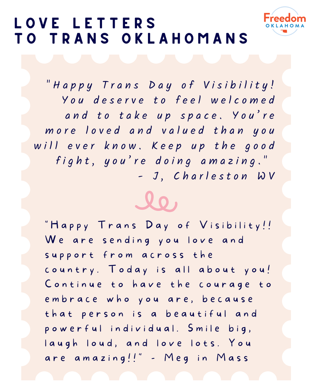  "Love Letters to Trans Oklahomans" on a white background. A graphic of a beige stamp takes up most of the graphic with the text of 2 love letters. #1: "Happy Trans Day of Visibility! You deserve to feel welcomed and to take up space. You’re more lov