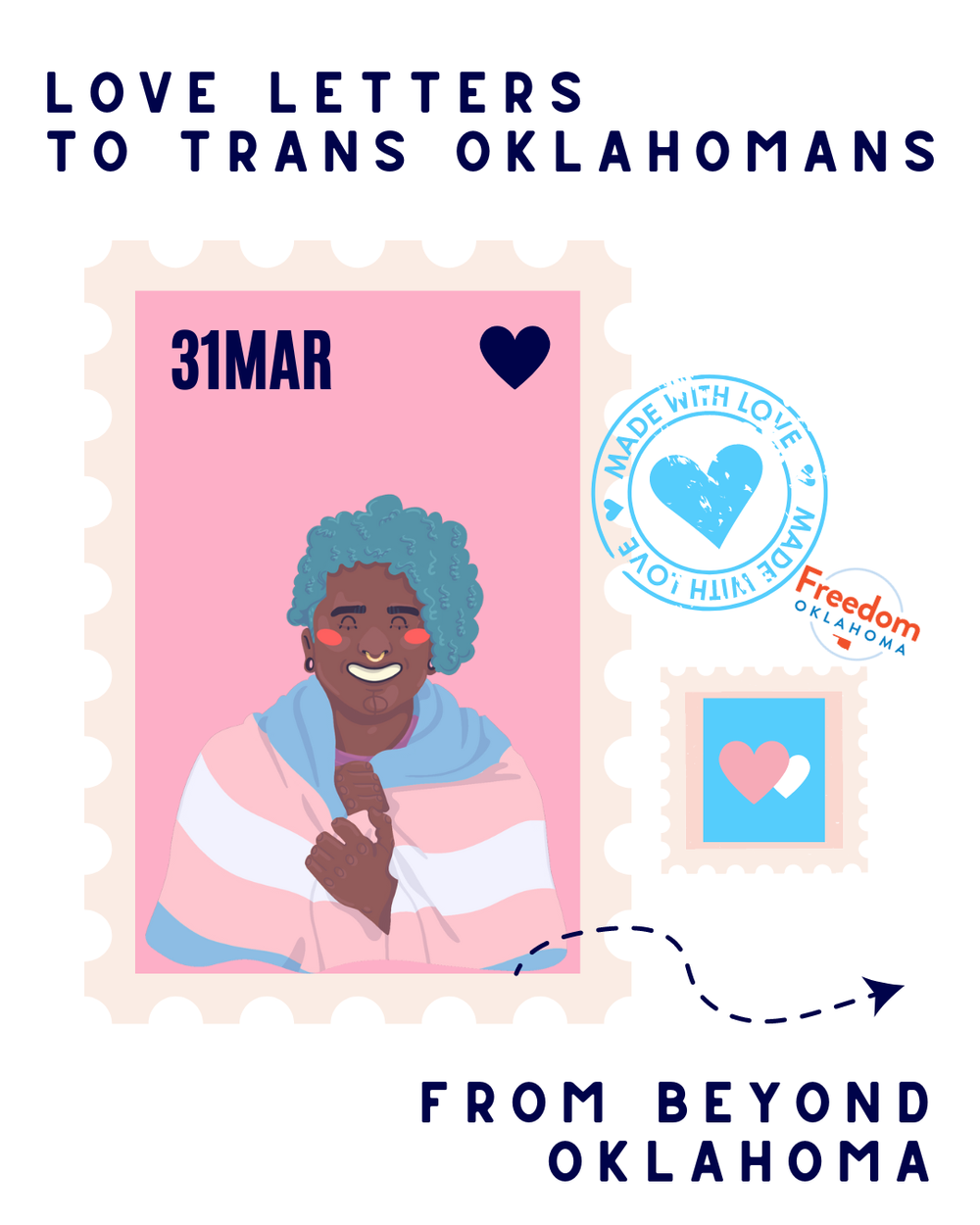  "Love Letters to Trans Oklahomans from Beyond Oklahoma" on a white background. In the center are cartoon stamps--one is pink with a cartoon of a person with dark skin and blue hair smiling while wearing a trans pride flag. The other is a blue stamp 