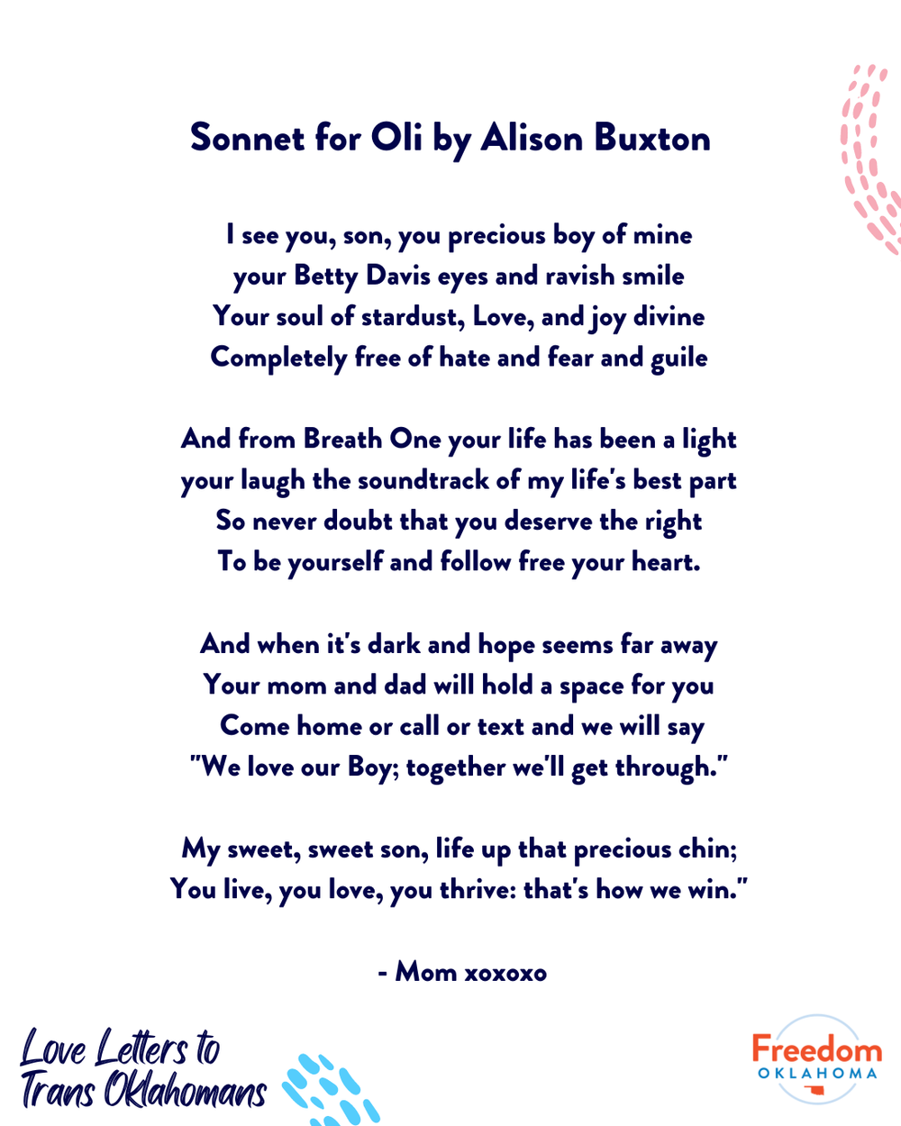  Sonnet for Oli by Alison Buxton: I see you, son, you precious boy of mine your Betty Davis eyes and ravish smile Your soul of stardust, Love, and joy divine Completely free of hate and fear and guile And from Breath One your life has been a light yo