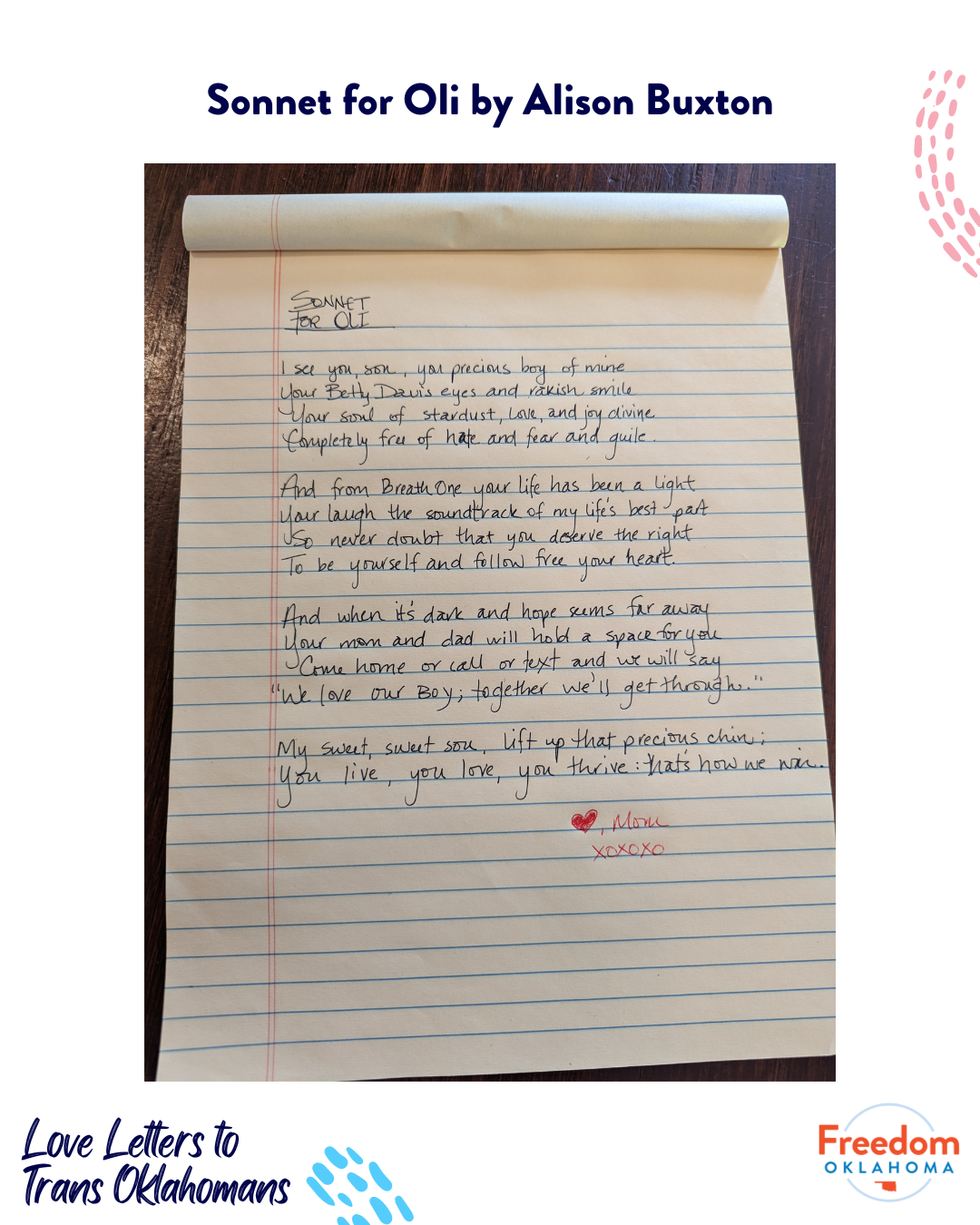  Sonnet for Oli by Alison Buxton: I see you, son, you precious boy of mine your Betty Davis eyes and ravish smile Your soul of stardust, Love, and joy divine Completely free of hate and fear and guile And from Breath One your life has been a light yo