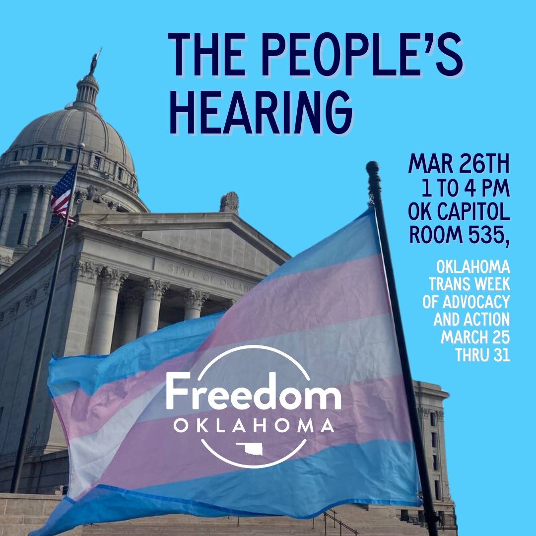 TOMORROW:  Join us at the Oklahoma Capitol on Tuesday, March 26th to tell 2SLGBTQ+ stories on our terms, be in community together, and share art and joy during an unapologetically 2STGNC+ centered afternoon! 

Details: 
Tuesday, March 26
Meet us on t