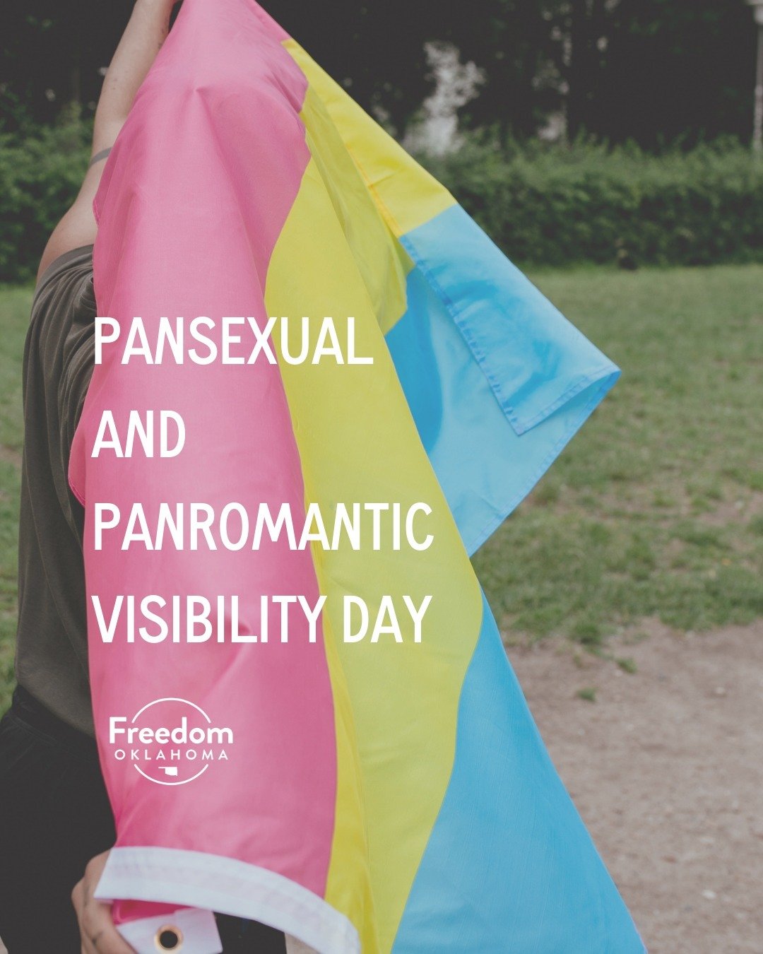 Happy Pansexual and Panromantic Visibility Day! We see you. We celebrate you. Today and all year long. 

ID: photo of someone holding a pansexual pride flag with text &quot;Pansexual and Panromantic Visibility Day&quot; and a Freedom Oklahoma logo.