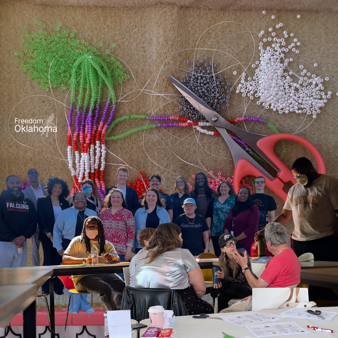 digital collage with images of beading, people at Freedom Oklahoma x Dream Action Oklahoma’s zine launch, people at the People’s Budget Coalition workshop, and Groundwork Project community partners and staff including founder Joe Kennedy.