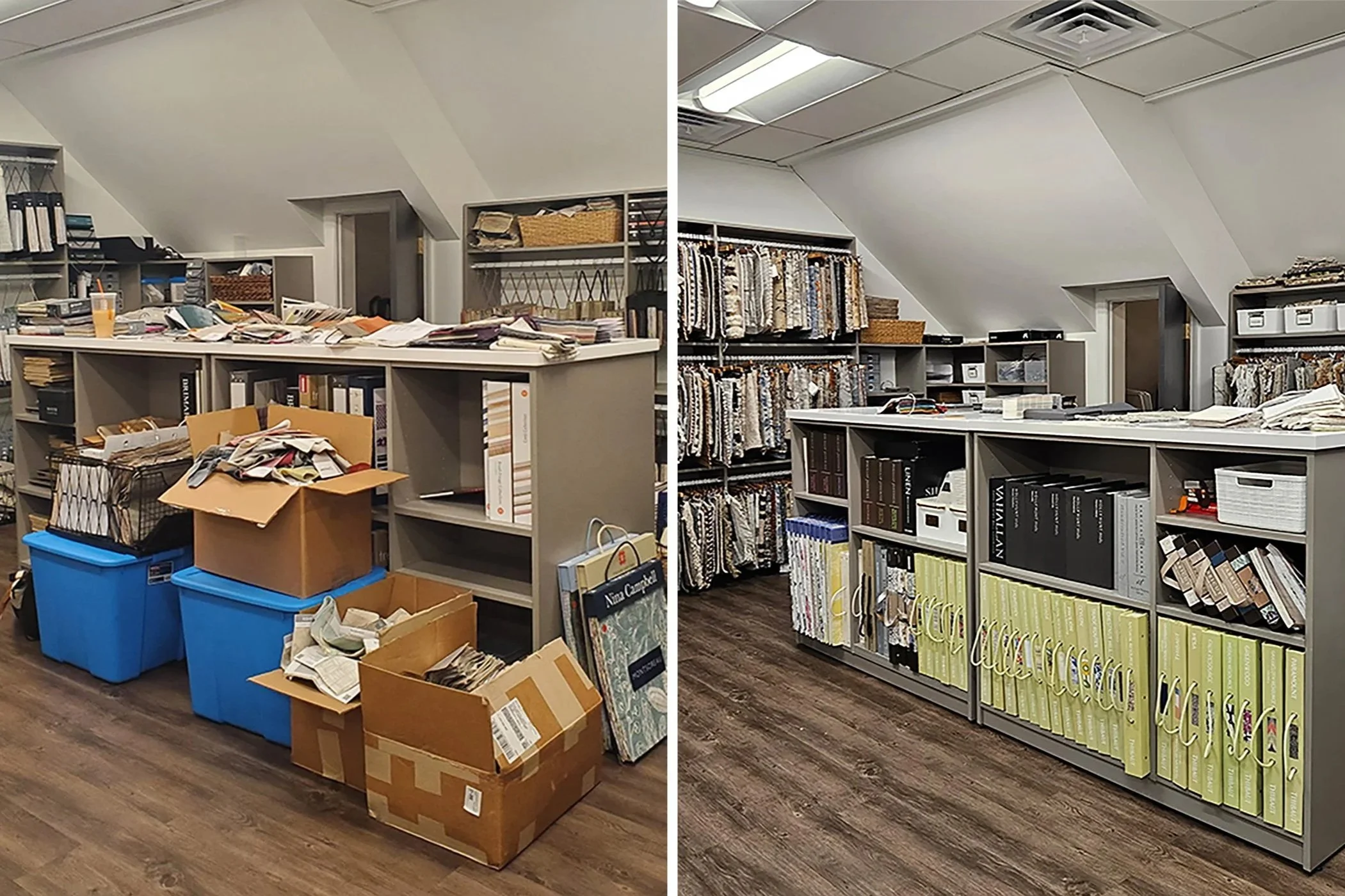 Side-by-side images of an office or store space with sloped ceilings. The left image shows cluttered shelves, scattered papers, and boxes on the floor with a drink cup on the counter. The right image has organized shelves with fabric samples, neatly arranged items, and a cleaner workspace.