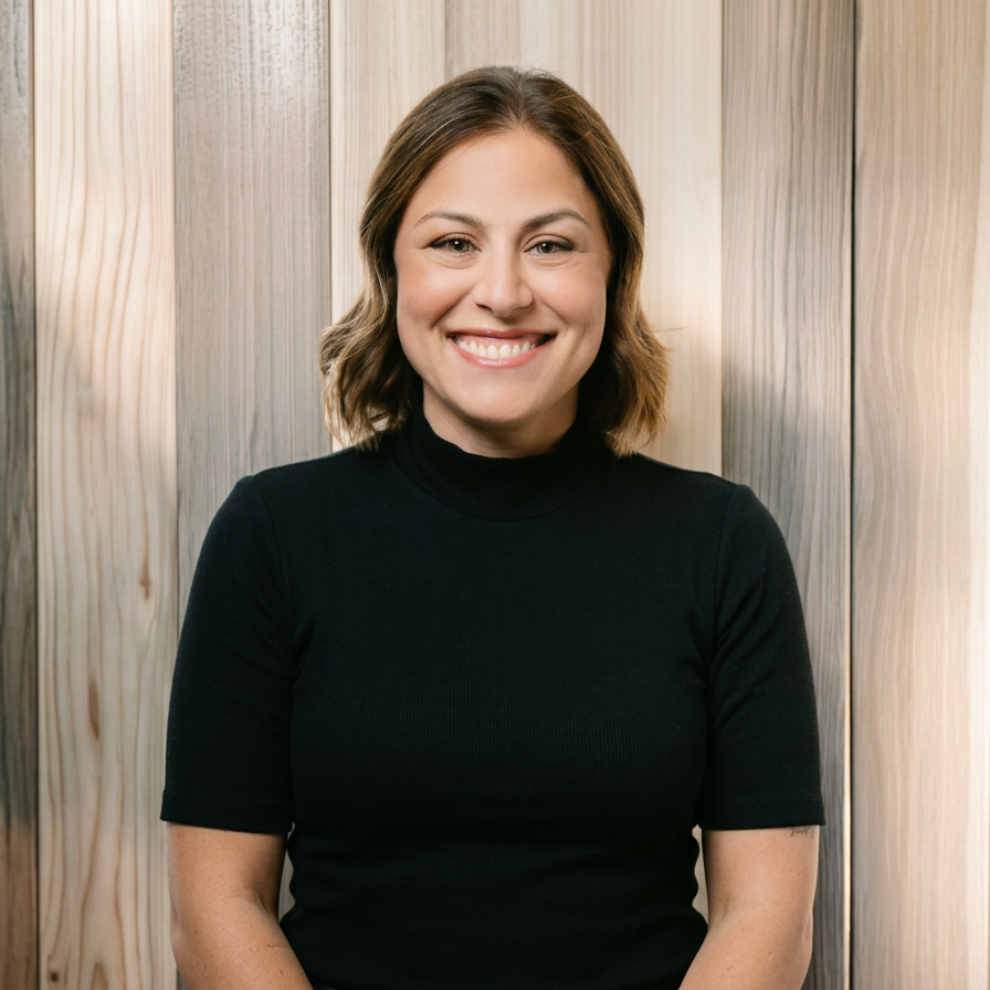 A smiling woman with shoulder-length brown hair, wearing a black turtleneck, stands in front of a wooden wall.