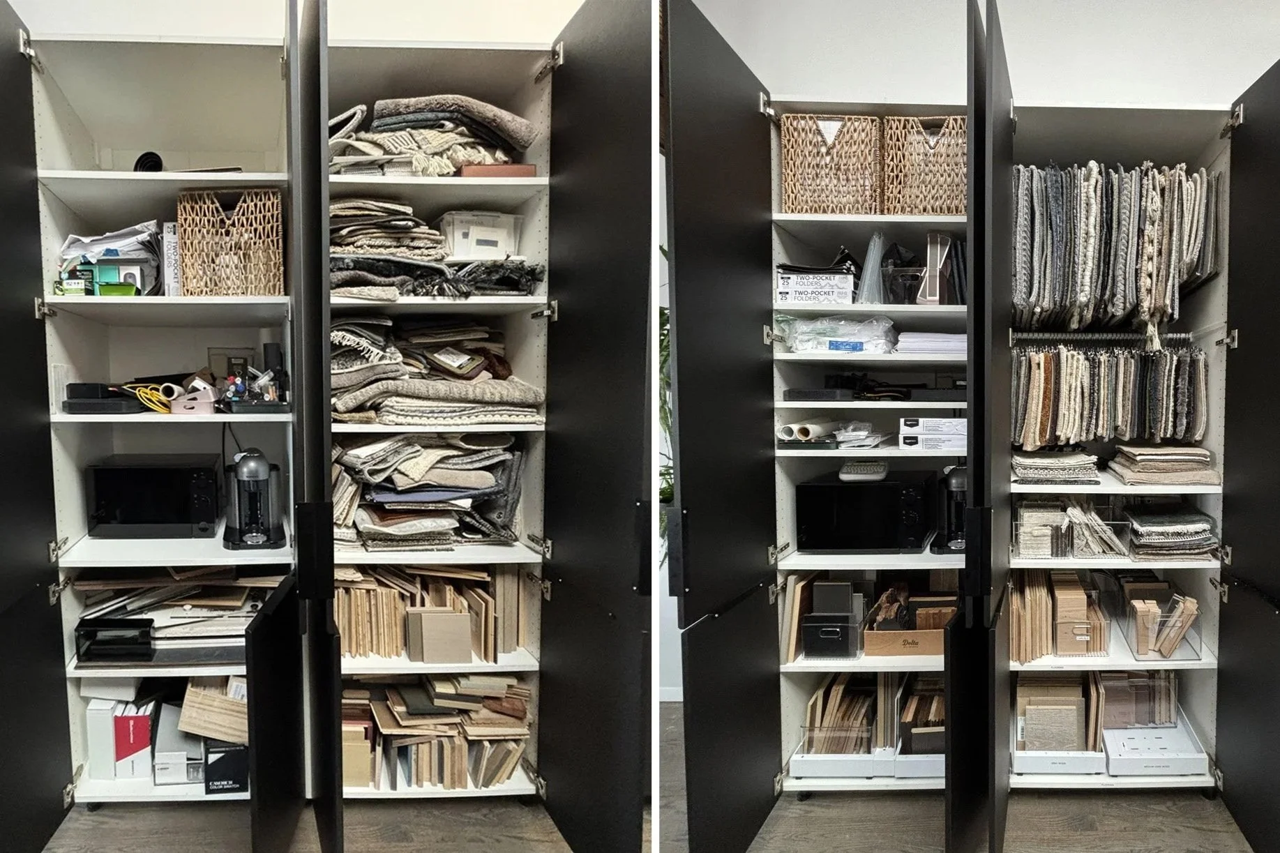 Comparison of two storage cabinets filled with organization and materials, showing a before and after organization transformation.