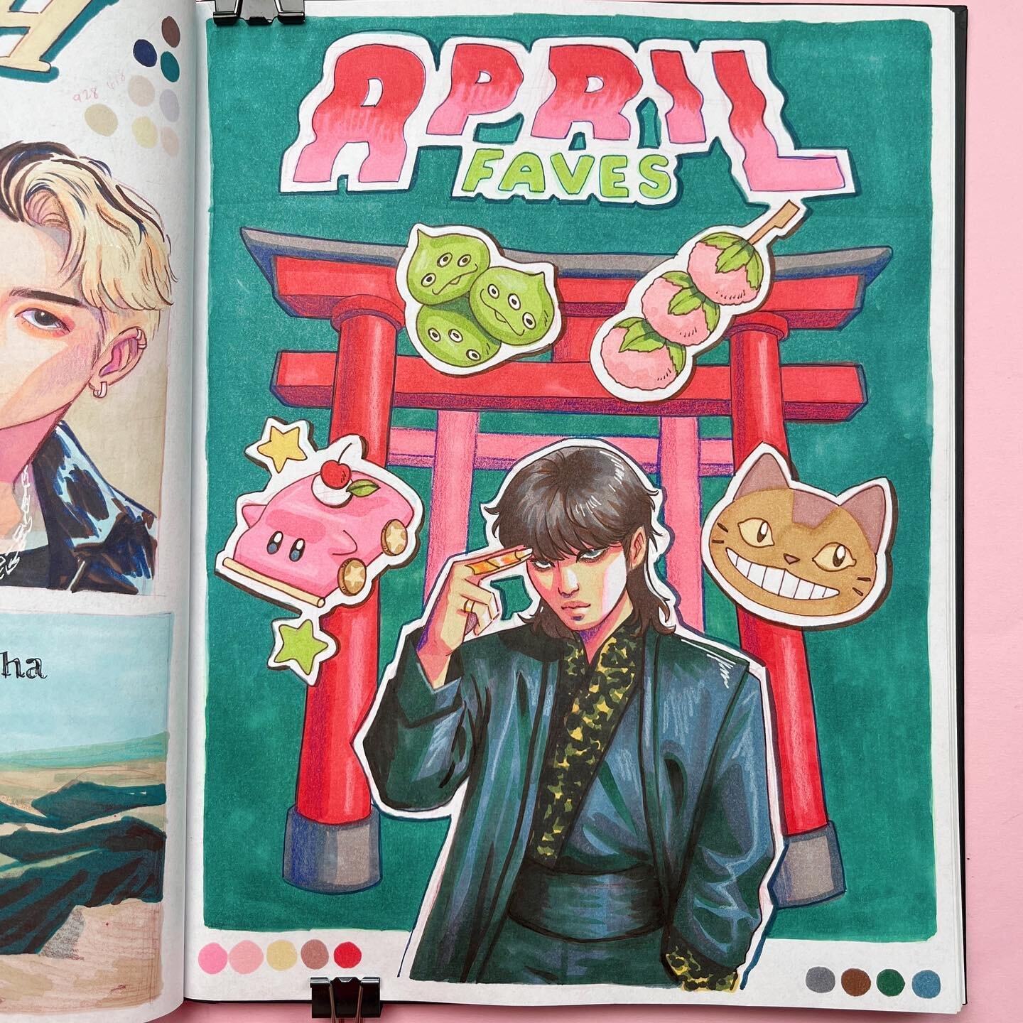 APRIL FAVOURITES
Someone during the livestream said it looked like he was summoning cute snacks 😂
Different composition from my usual fave sketchbook spreads! This time around it consists of various things to indicate my Japan trip + &ldquo;Super&rd