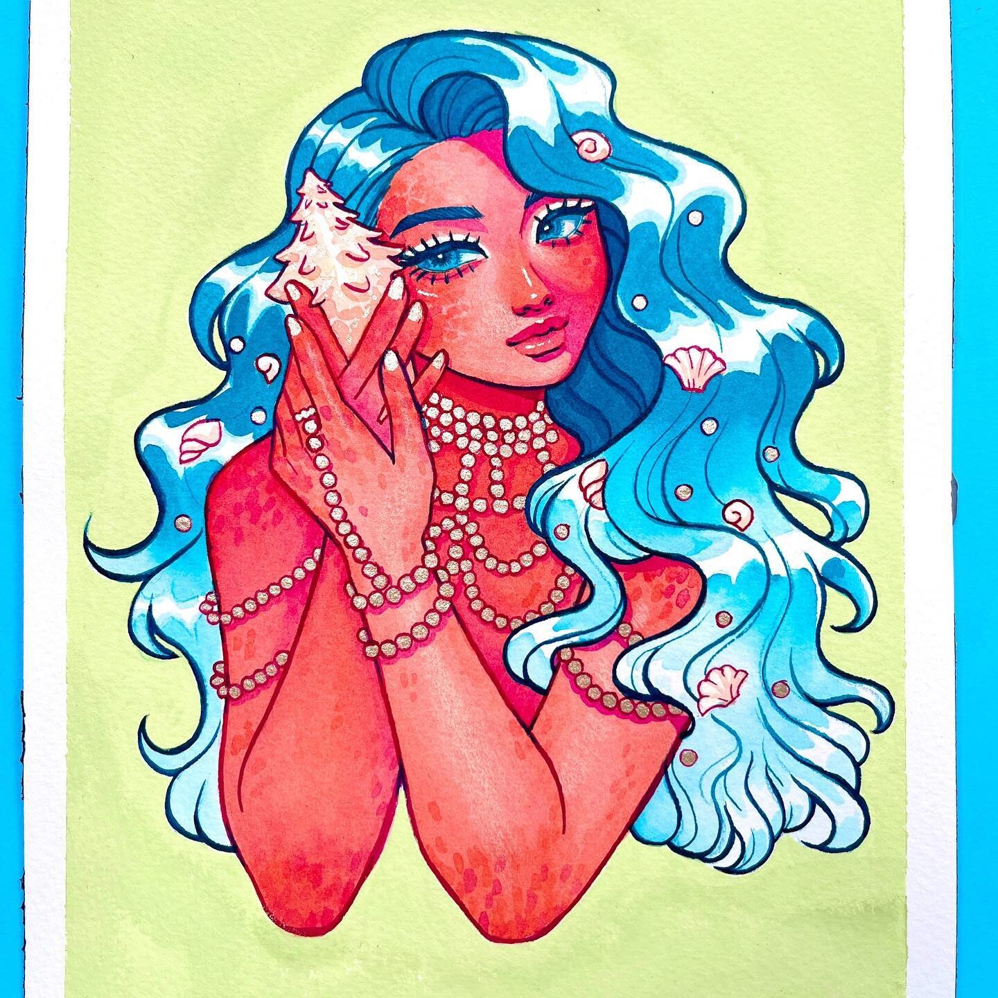 I gotta do at least a couple mermaids for #mermay 🐚 
I wanted to give her a fantasy skin tone but in hindsight she looks sun burnt 🙃
If you still think she&rsquo;s cute, she&rsquo;s the sticker reward for my Patre0n page this month! 🥹