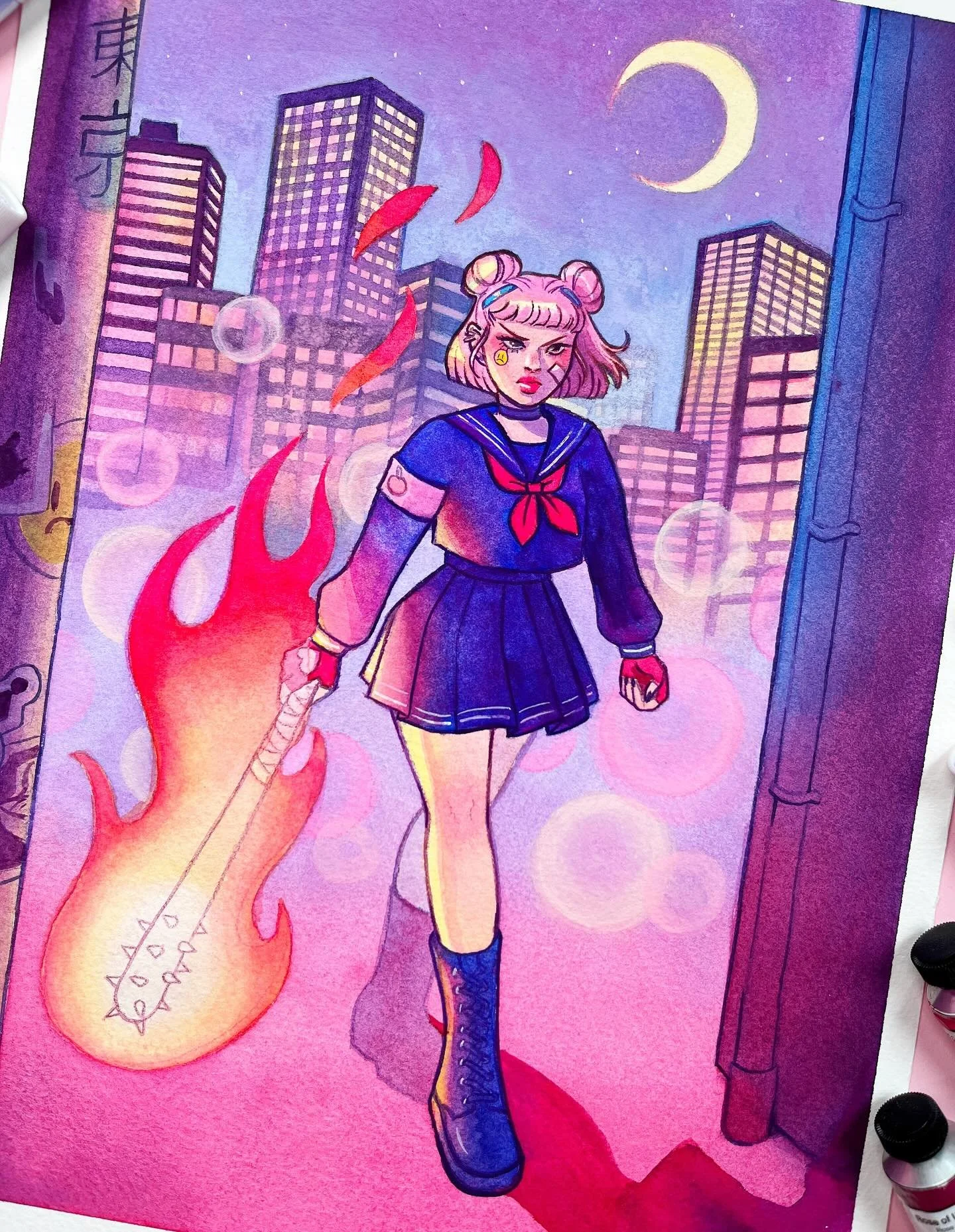 Feels like it&rsquo;s been ages since I did a full blown background!! New Momo lore added: she wields fire ❤️&zwj;🔥❤️&zwj;🔥❤️&zwj;🔥
Sign up anytime between now and June 30th to receive this as a postcard through my Patre0n mail! 
Also, full proces