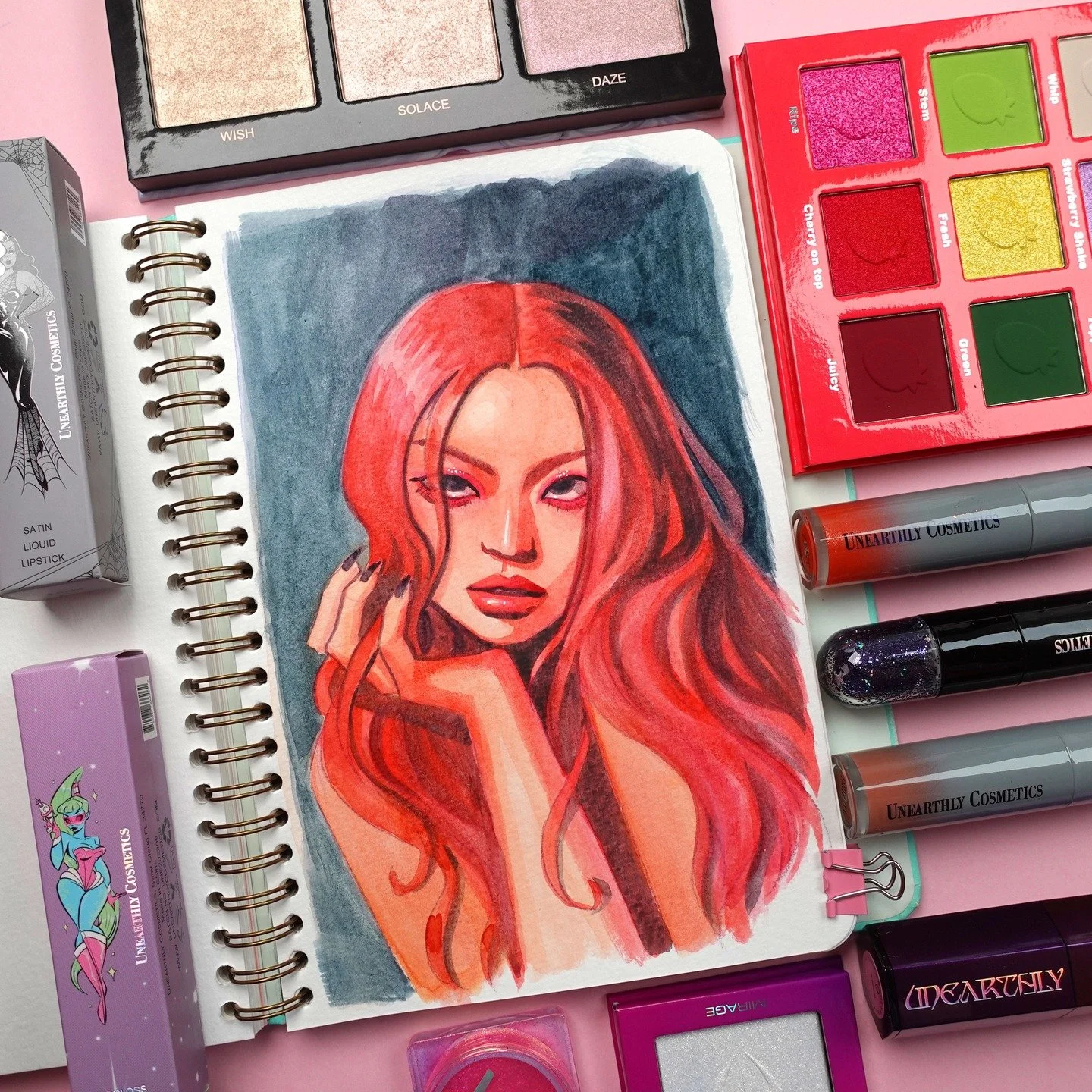 Thank you so much to @unearthlycosmetics for the gorgeous make-up! Painted this portrait inspired by all the warm reds and corals but with a touch of edge 😍
.
#gifted #unearthlycosmetics #sketchbook