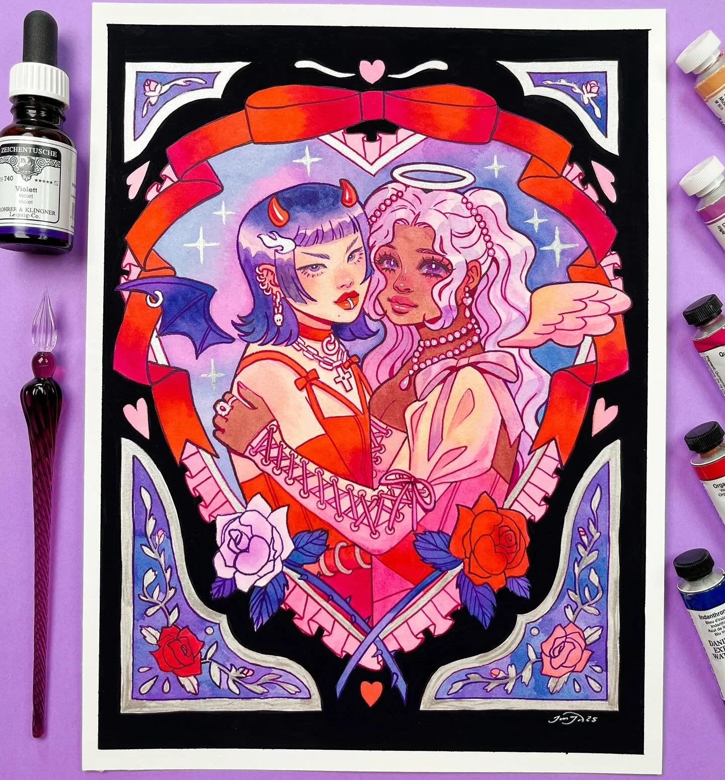 Sugar &amp; Spice and everything nice! 😇😈 Finally tried out a glass dip pen for the first time! Full process and review up on the UUUTOOOB ❤️&zwj;🔥💖
Also this month marks the 5th year anniversary of me being a full time artist 🫨 largely due to t