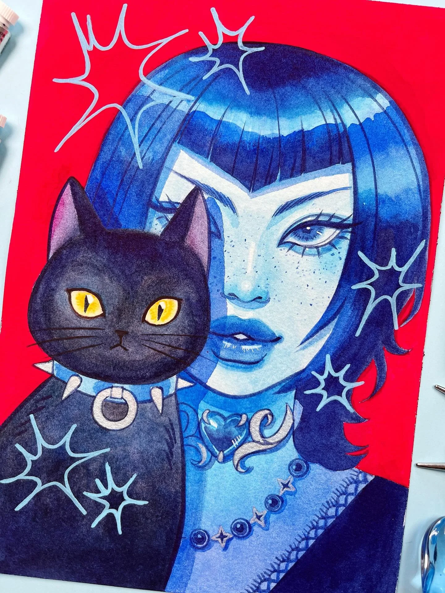 September monthly mail rewards featuring black cats 🐈&zwj;⬛❤️&zwj;🔥 because spooky season is just around the corner 🤩
You have until Sept 30 to sign up for my Patre0n to receive the print &amp; sticker in the mail ✨
Process video coming soon to th