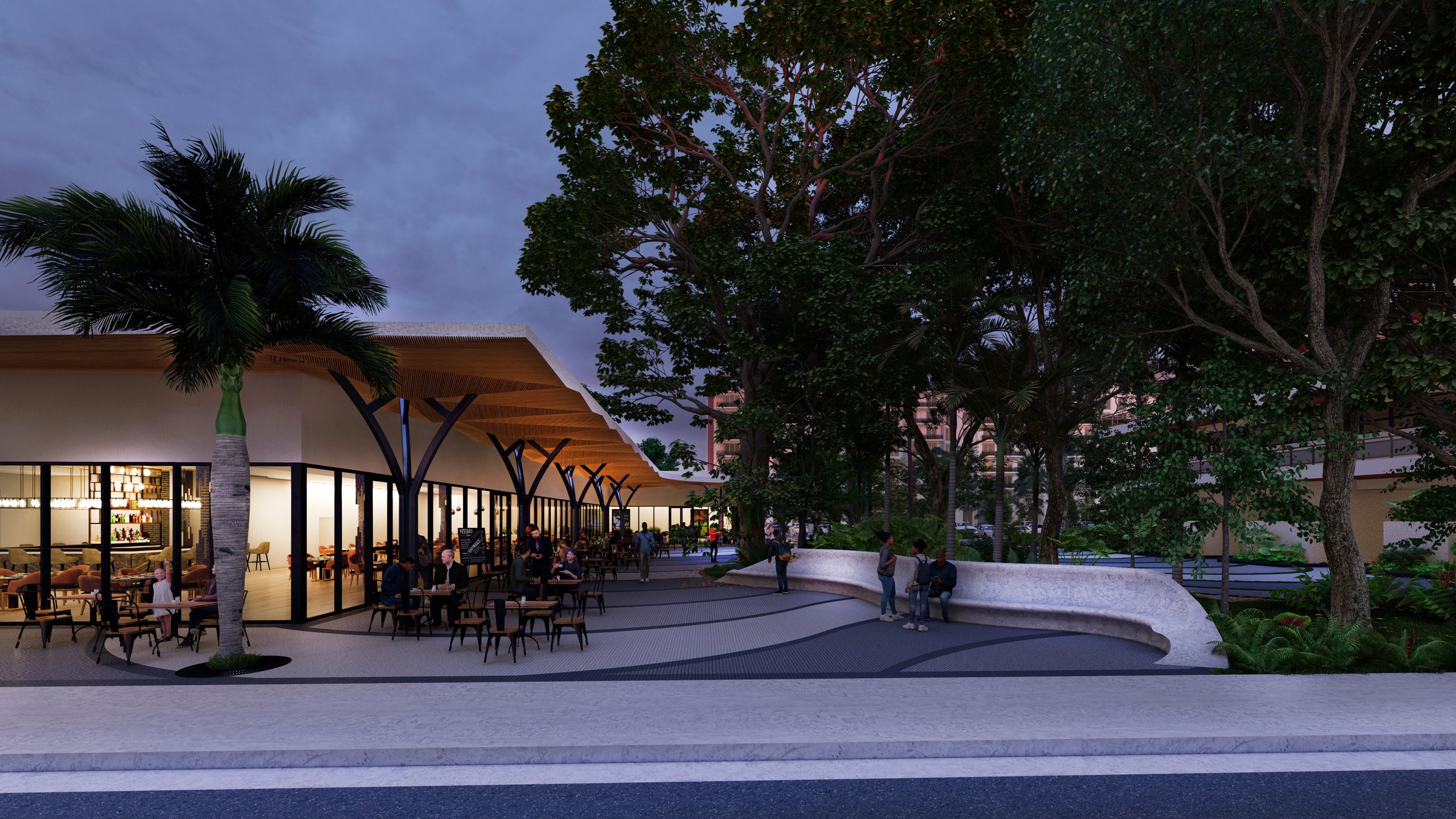 Night frontal view of The Gardens Hall.