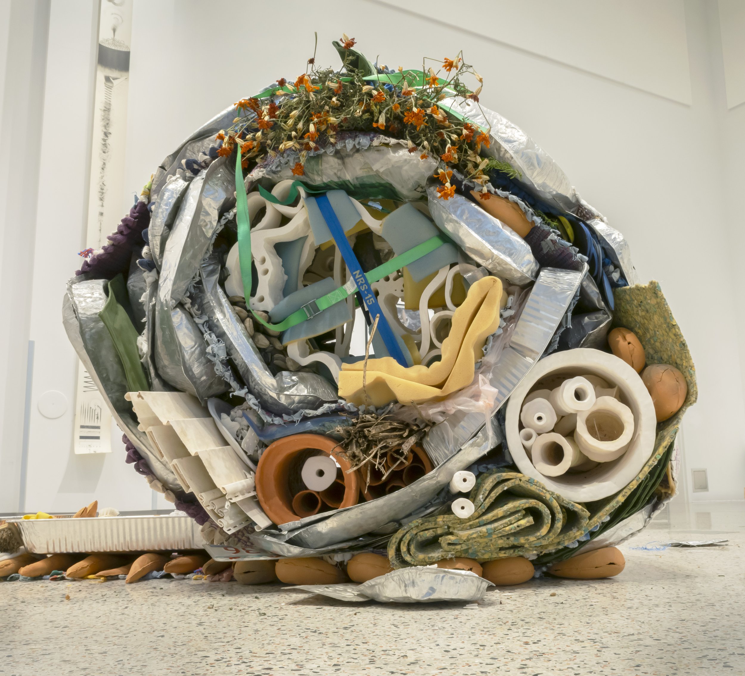 Roll, 2025
Rag rug, yard clippings, ceramic, unfired porcelain, wool, foam carpet liner, dried marigolds, milkweed, rope, toothpaste, paper towels, receipts, kleenex, to-do lists, string, beeswax, tarp, plastic sheet, aluminum take-out containers, pl