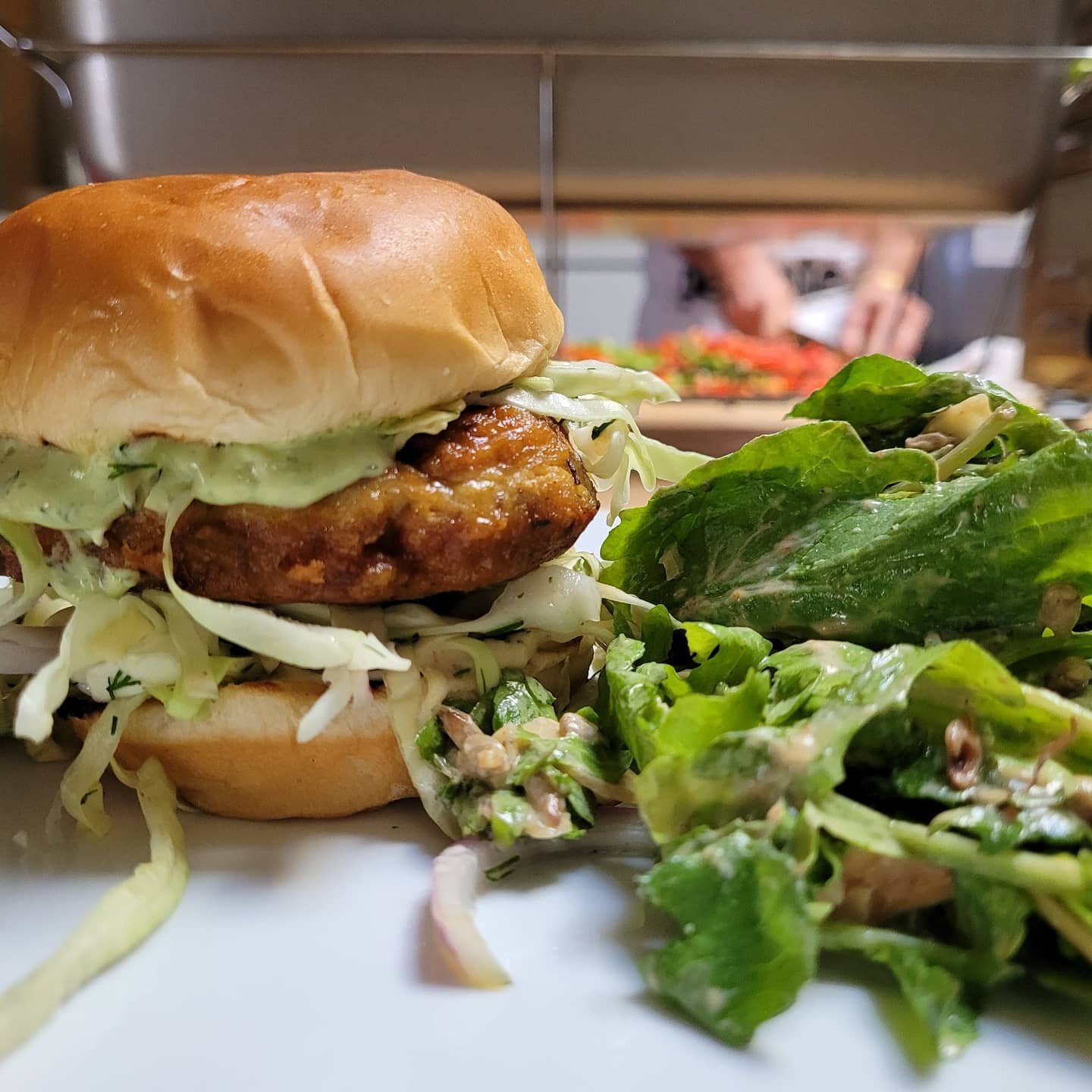 Good afternoon everyone we are open!! And we are serving :

Spiced chicken burger w tatziki,cilantro aioil, pickled slaw, served with a house salad w a sundreid tomato yogurt dressing.

All free till gone !
2300 e cherry st Seattle Washington 98122

