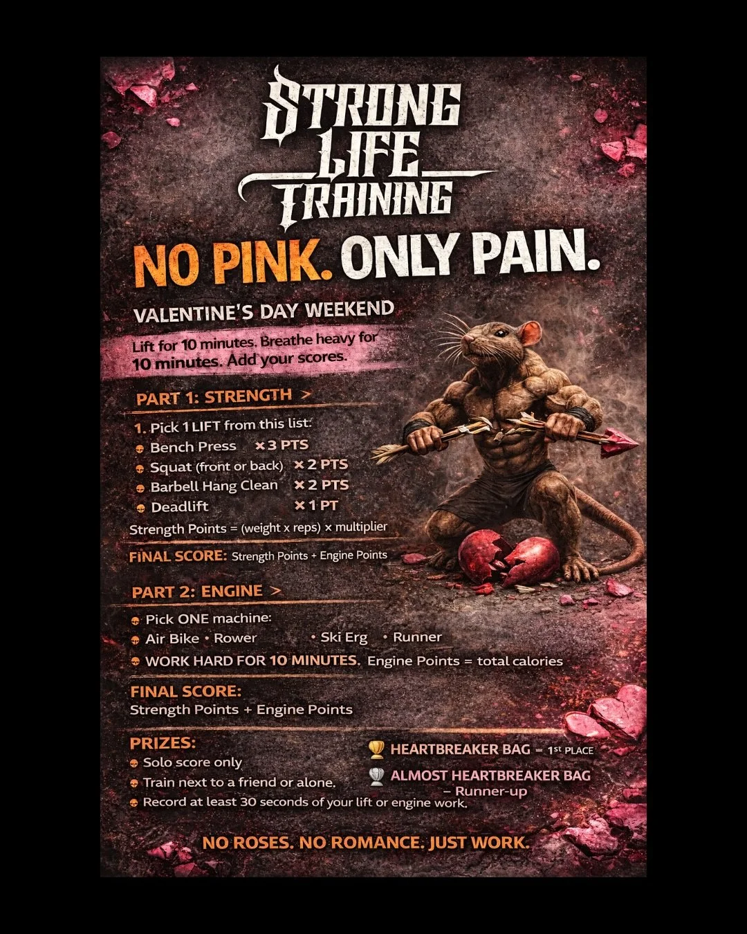 𝐍𝐎 𝐏𝐈𝐍𝐊, 𝐎𝐍𝐋𝐘 𝐏𝐀𝐈𝐍 𝐂𝐇𝐀𝐋𝐋𝐄𝐍𝐆𝐄! 🐀🔥
A 20-minute strength + engine challenge going down Valentine&rsquo;s Day Weekend.

𝘓𝘪𝘧𝘵 𝘧𝘰𝘳 10.
𝘉𝘳𝘦𝘢𝘵𝘩𝘦 𝘩𝘦𝘢𝘷𝘺 𝘧𝘰𝘳 10.
Add your scores.

🥇Winner takes the Heartbreaker Ba