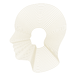Line art illustration of multiple human head profiles layered to form a rainbow shape on a black background.