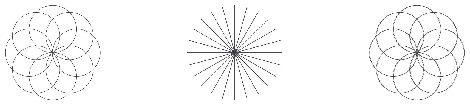 Three geometric designs with interconnected circles, lines radiating from the center forming star-like patterns, and circles used as a common element in each design.