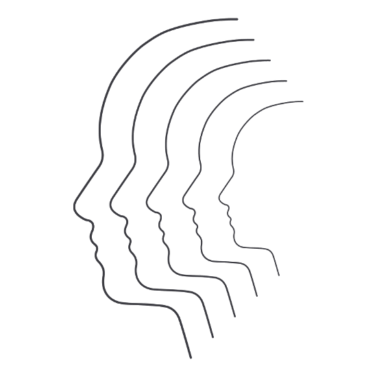 Line drawing of four overlapping human profiles facing left, representing layers of consciousness or mind.