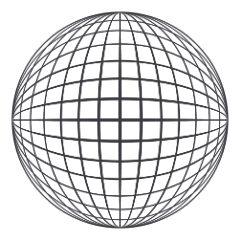 Black globe with grid lines on a white background.