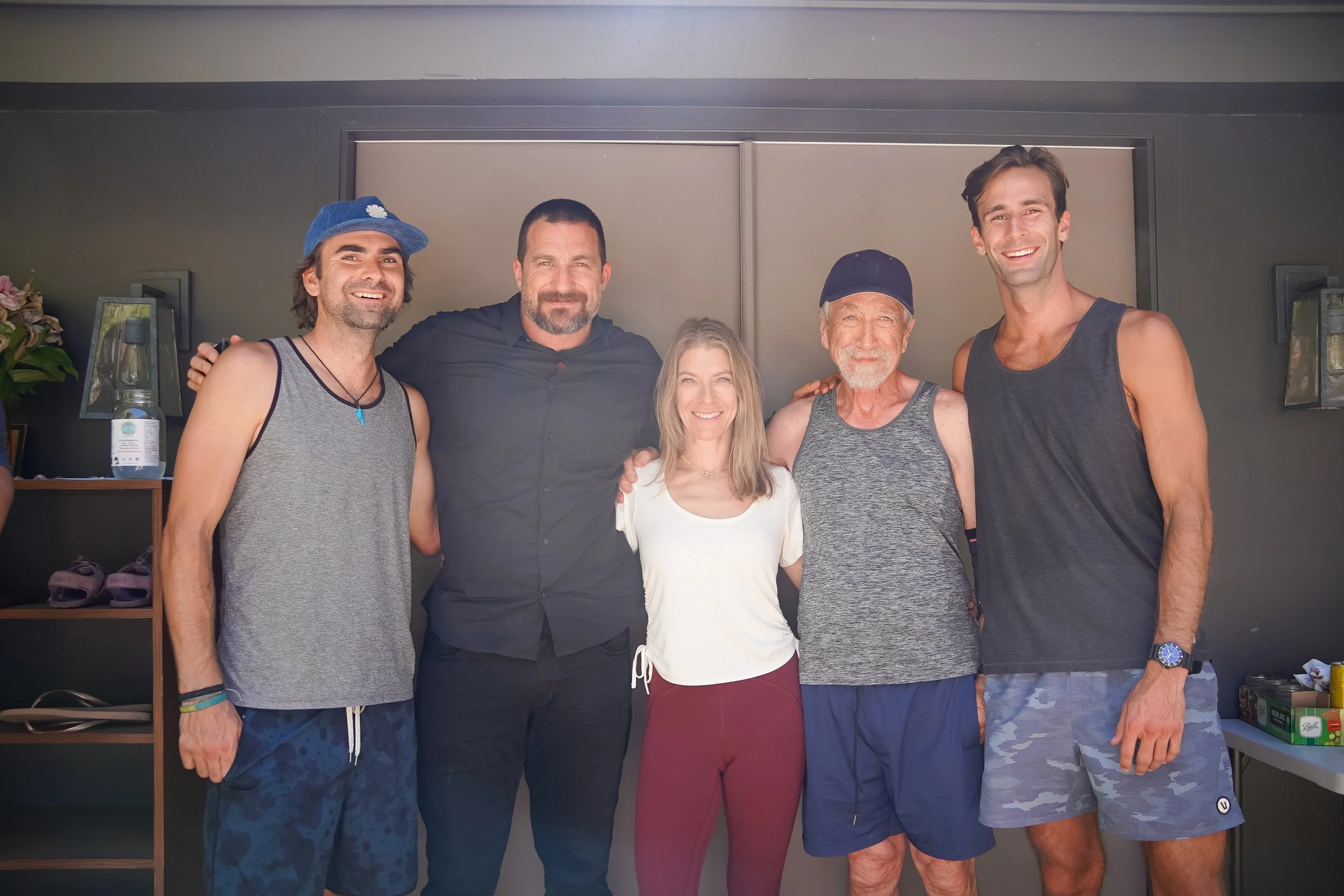 Reis with Dr. Andrew Huberman, Jill Miller, and Dr. Jack Feldman at an OBC retreat in Topanga, CA