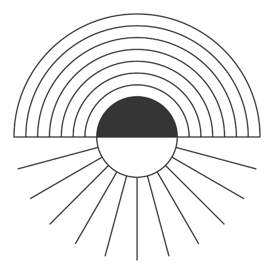 A minimalist black and white drawing of a sunrise or sunset with a semi-circle and radiating lines representing the sun and rays.