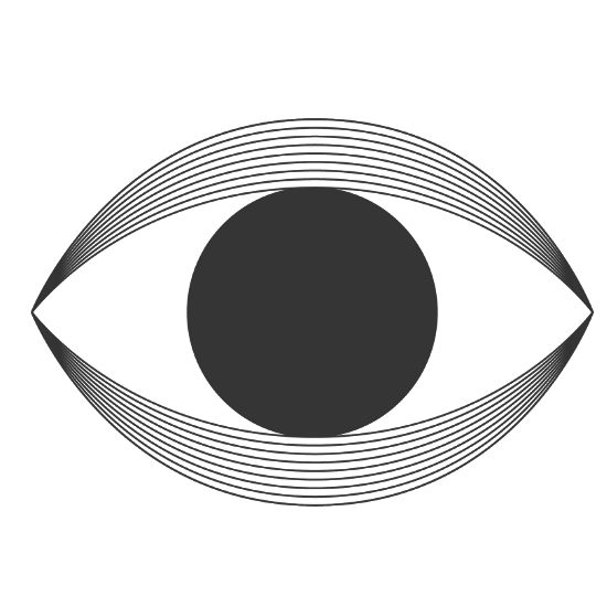 Gray eye illustration with concentric semi-circular lines forming the upper and lower eyelids on a black background.