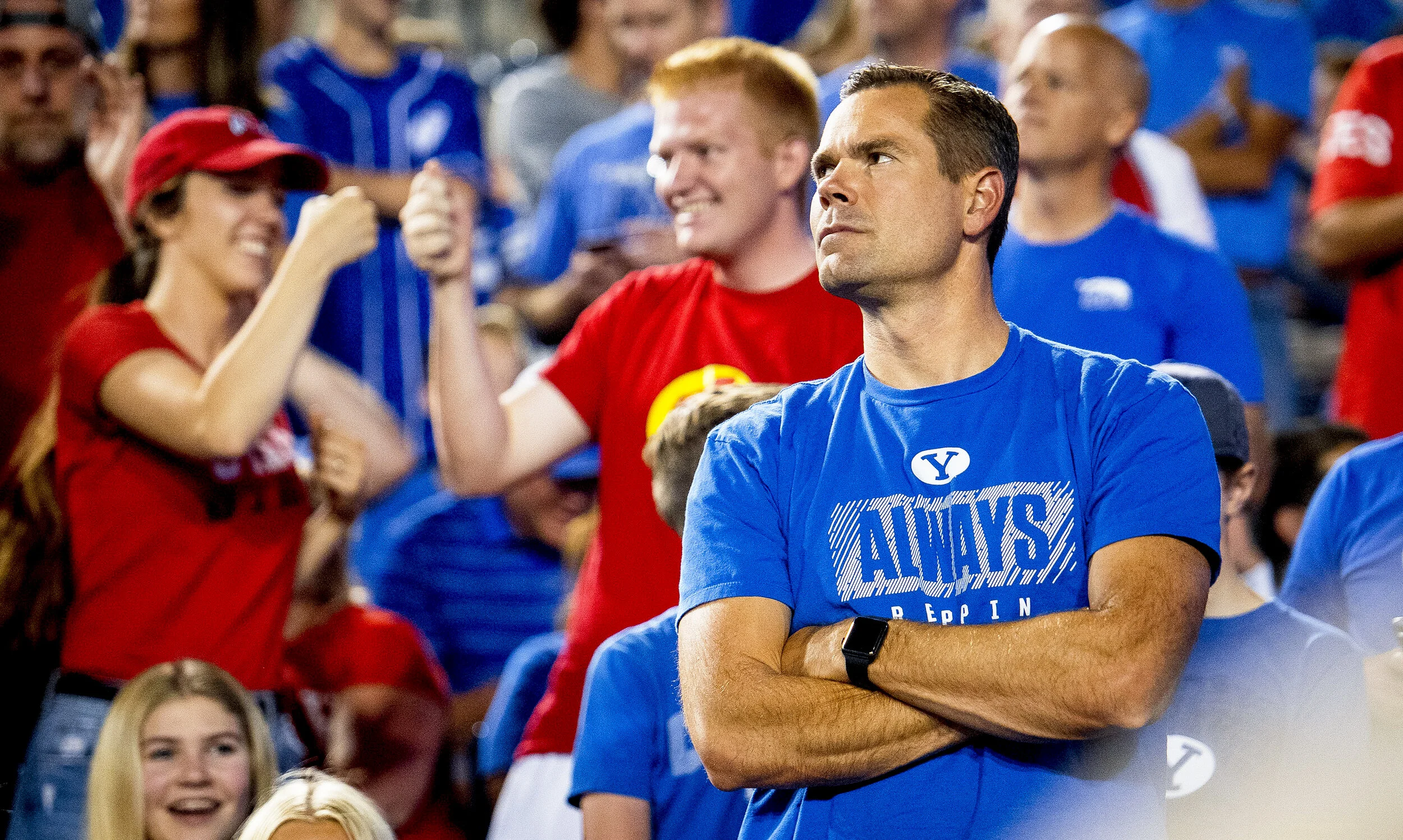 Kyle Nelson, of Alpine, reacts after the University of Utah caught an interception during a game between the Brigham Young University Cougars and the University of Utah Utes held Thursday, Aug. 29, 2019, at LaVell Edwards Stadium in Provo, Utah.
