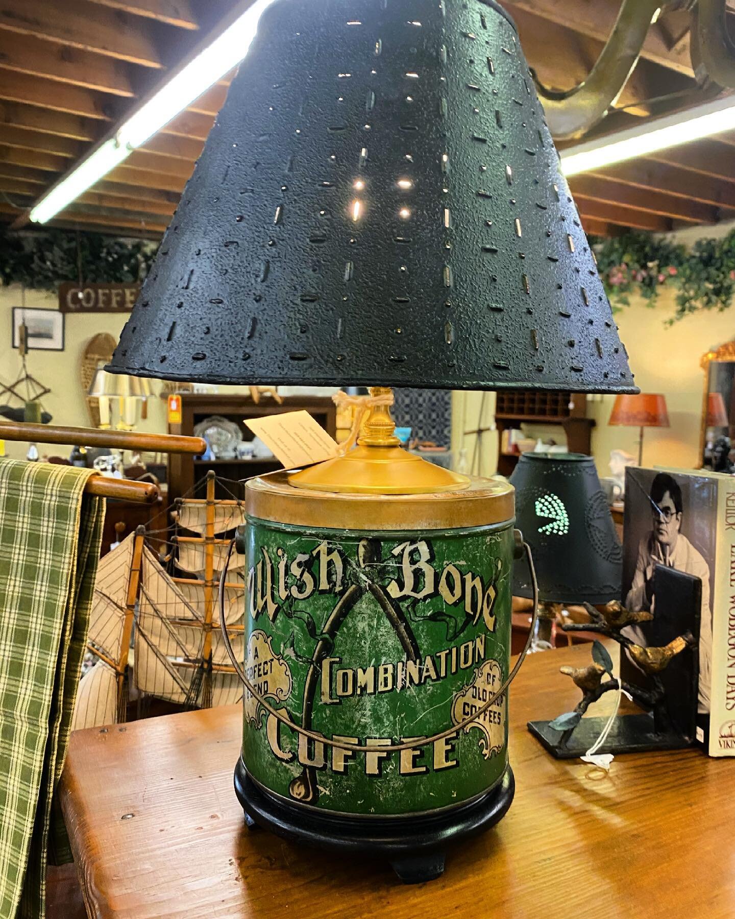 Reimagined antique coffee tin lamp.... 14 inch diameter punched tin lamp.... Offered by The Antique Market in Clinton Tennessee!  Open Saturday, 11 to 4 pm
