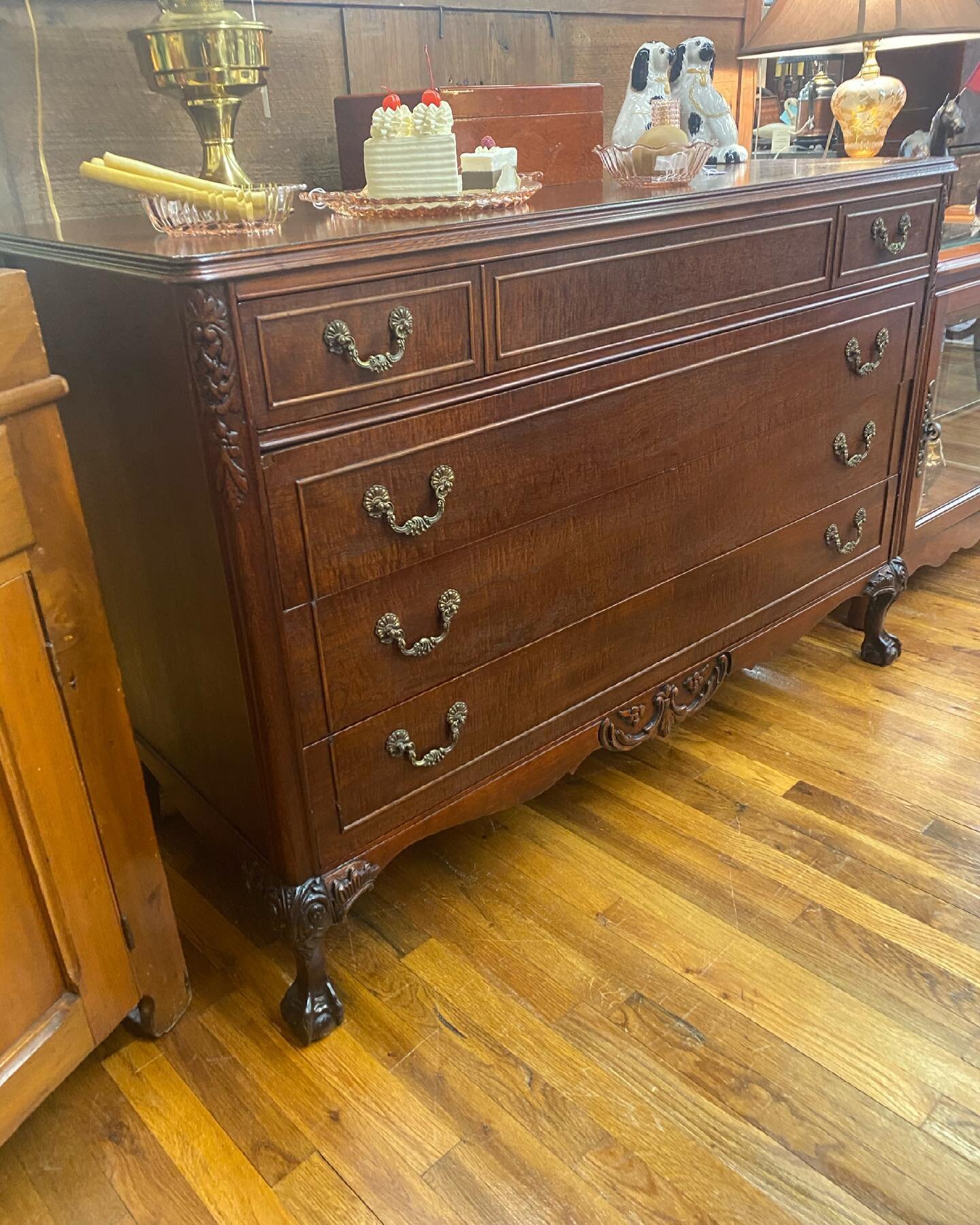 1940s solid mahogany dresser that can double as a server ..... Nicely carved ball &amp; claw feet.... Offered by Art&rsquo;s Antiques at The Antique Market in Clinton Tennessee #knoxvilleantiques #clintontn #tennesseeantiquetrail #tennesseeantiques