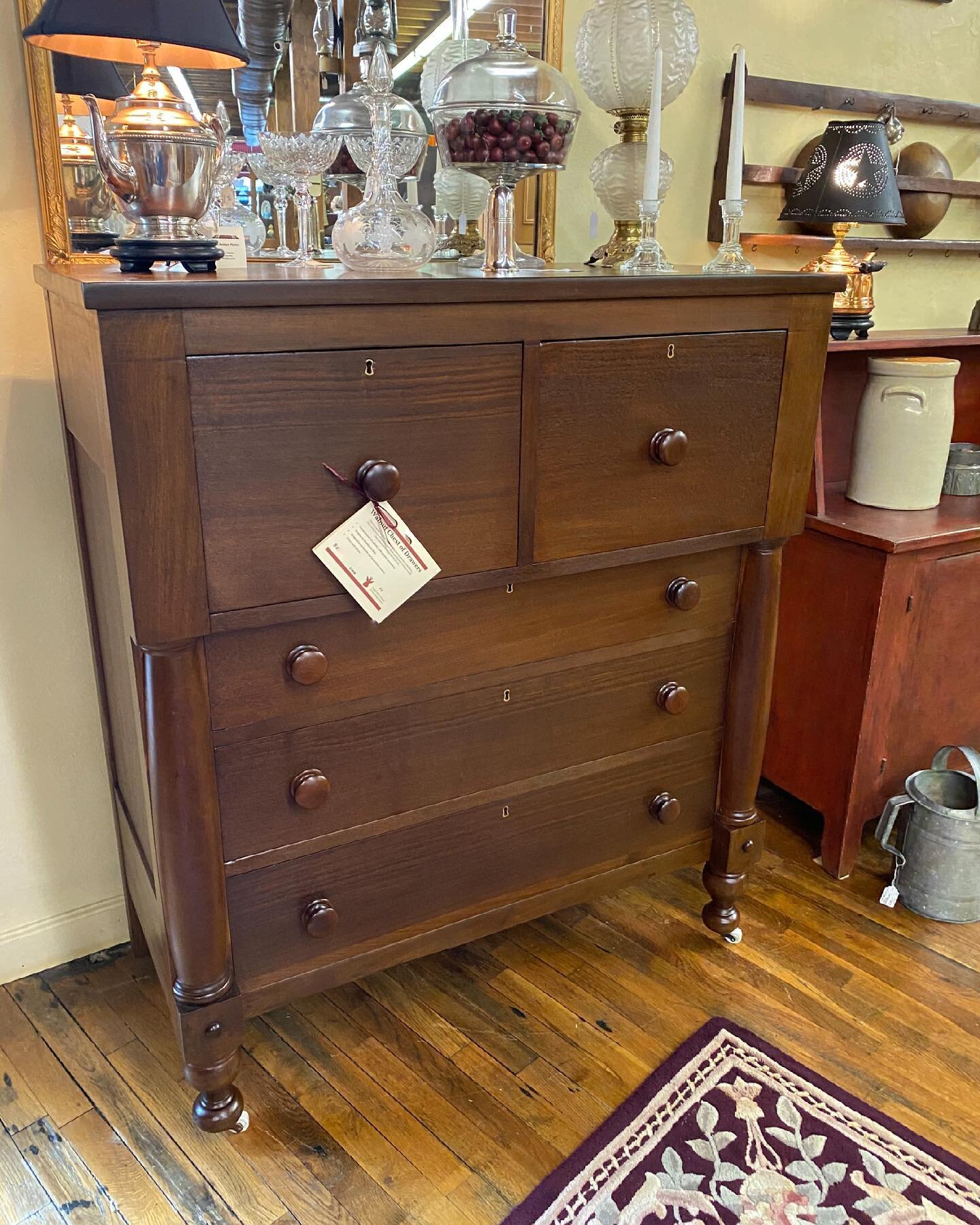 Late 1800s 5-drawer chest of drawers....Note two large deep drawers at top of the chest.... Original hardware including four porcelain caster wheels.... Offered by The Antique Market in Clinton Tennessee #knoxvilleantiques #clintontn #tennesseeantiqu