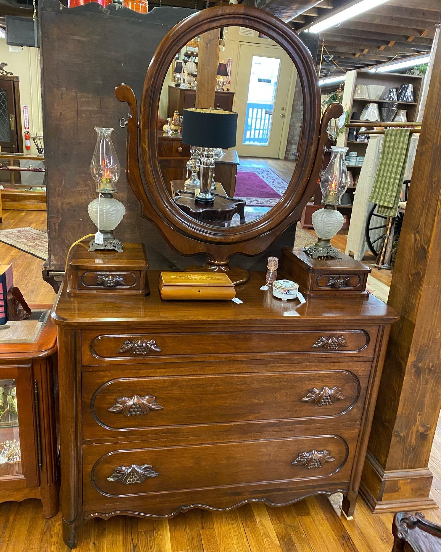 Exceptional Lillian Russell black walnut dresser and mirror circa 1920s through 1930s.... Offered by Art&rsquo;s Antiques at The Antique Market in Clinton Tennessee.... #knoxvilleantiques #clintontn #tennesseeantiquetrail