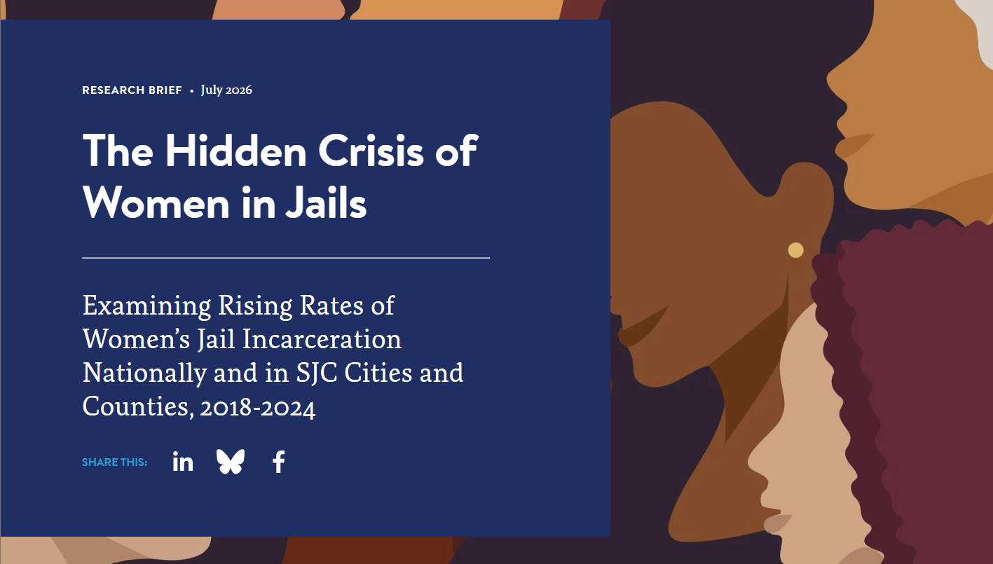 The cover image for "The Hidden Crisis of Women in Jails: Examining Rising Rates of Women's Jail Incarceration Nationally and in SJC Cities and Counties, 2018-2024." Behind these titles, a color drawing of women's silhouettes