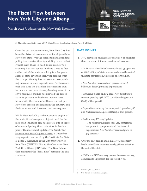 The first page of the March 2026 update to "The Fiscal Flow between New York City and Albany"