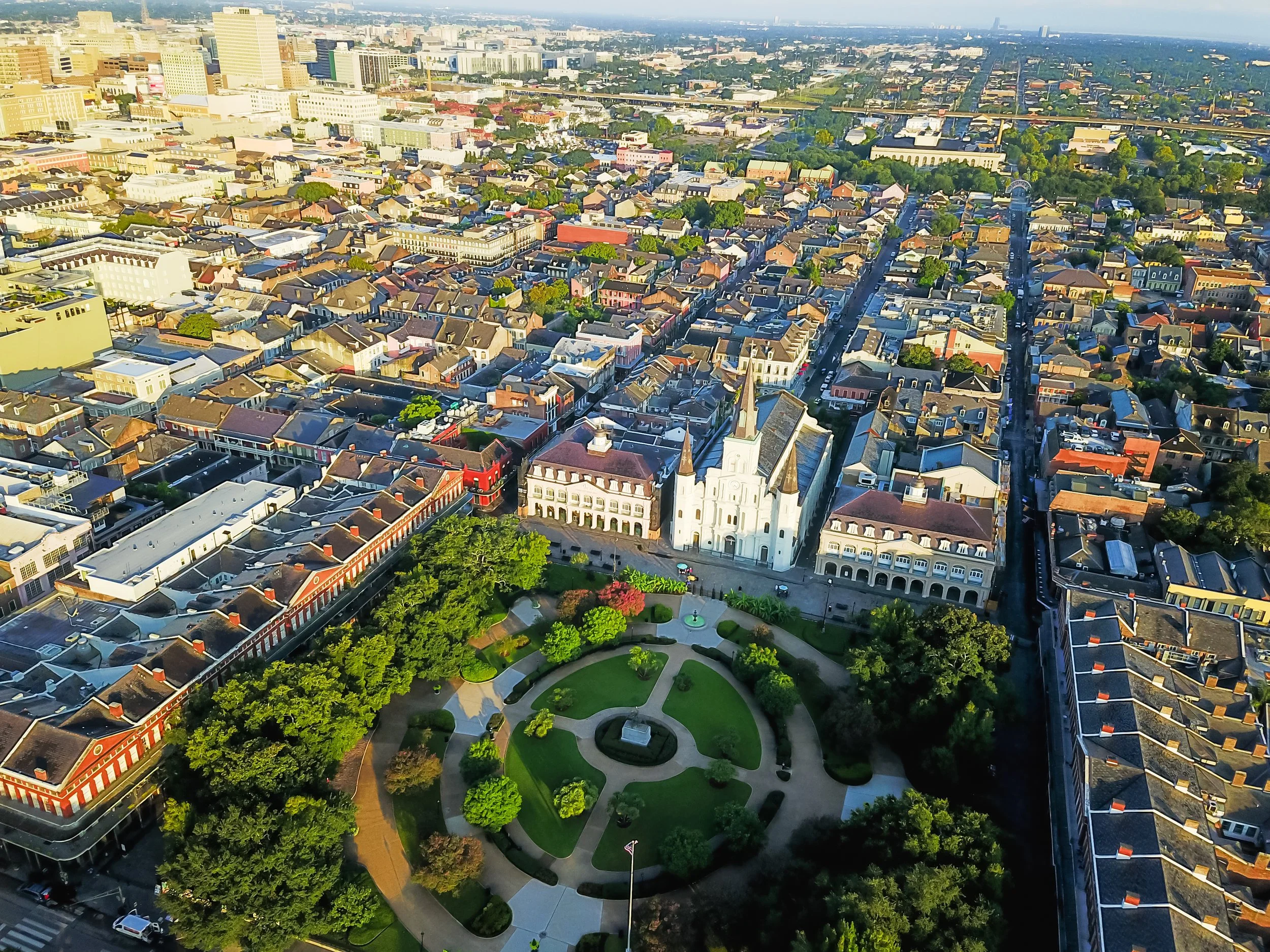An aerial view of Jackson Square and the surrounding areas of New Orleans, Louisiana, which is a Safety and Justice Challenge site.