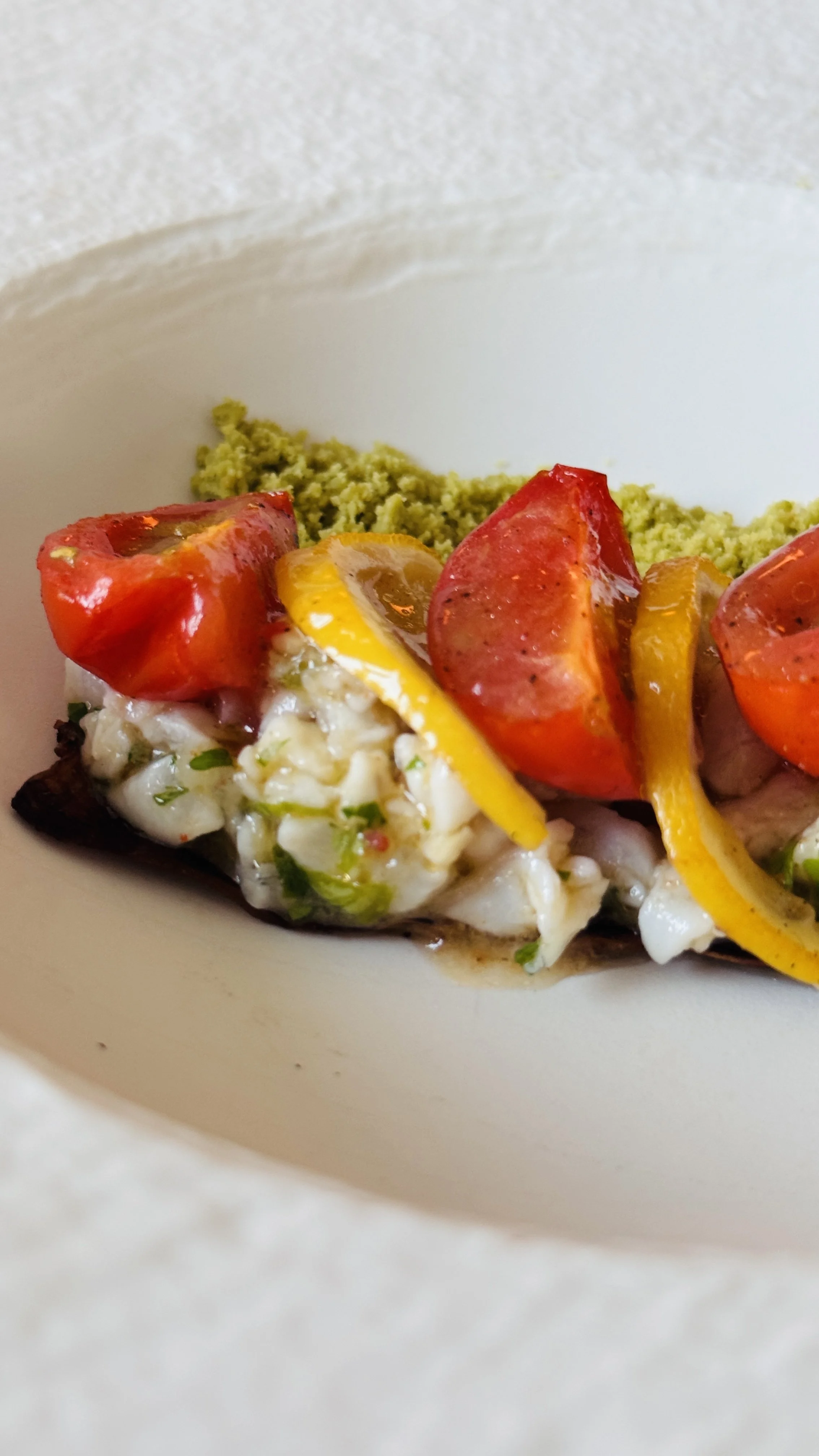 SEABREAM CEVICHE, GRILLED EGGPLANT AND BASIL SABLÉ