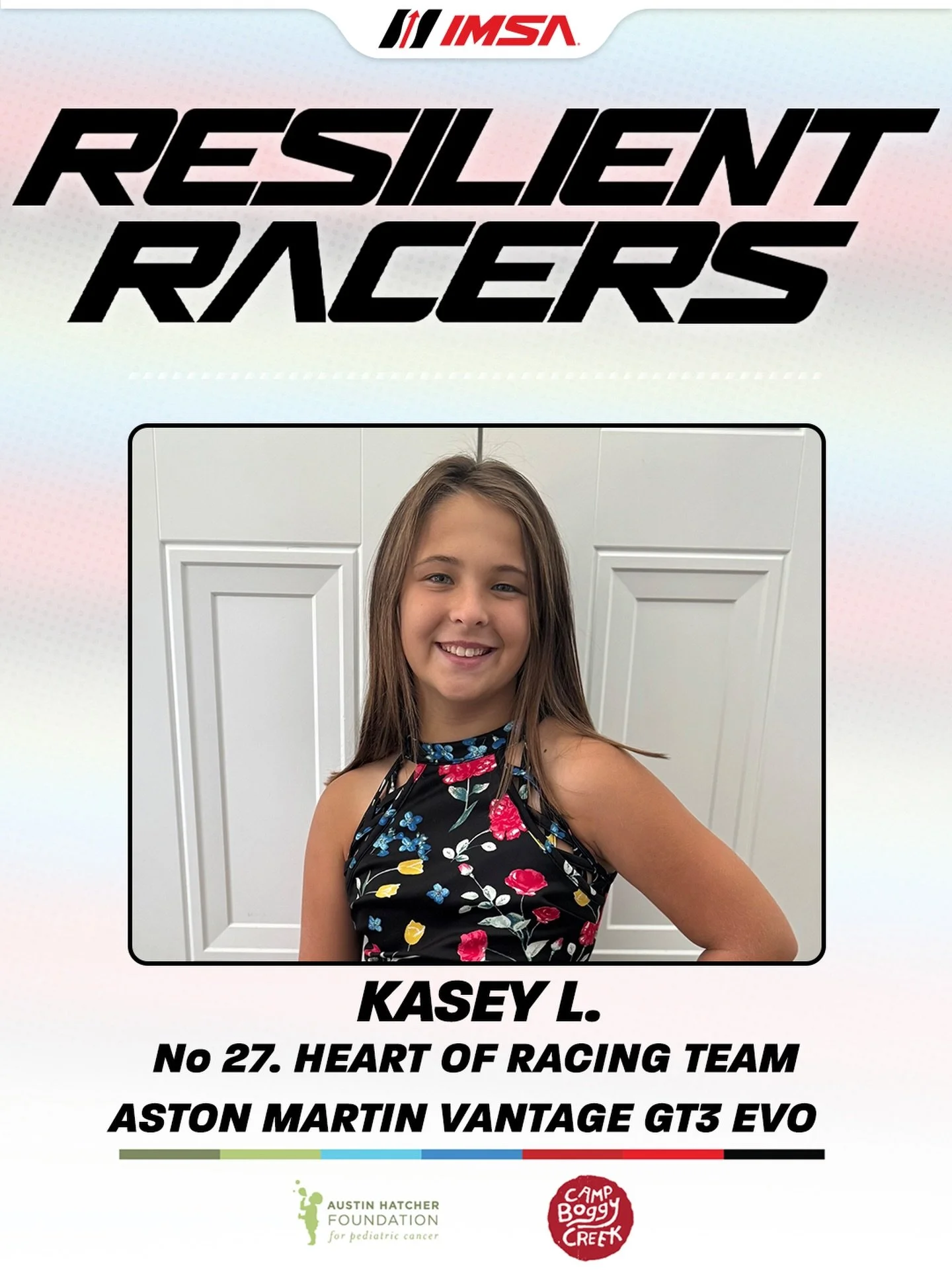 This weekend at Indy, Kasey becomes part of the No. 27 crew. Her name will ride alongside Dudu and Tom on our Aston Martin Vantage. 💙

Kasey was diagnosed with acute lymphoblastic leukemia in 2018 at just two years old after experiencing weeks of un