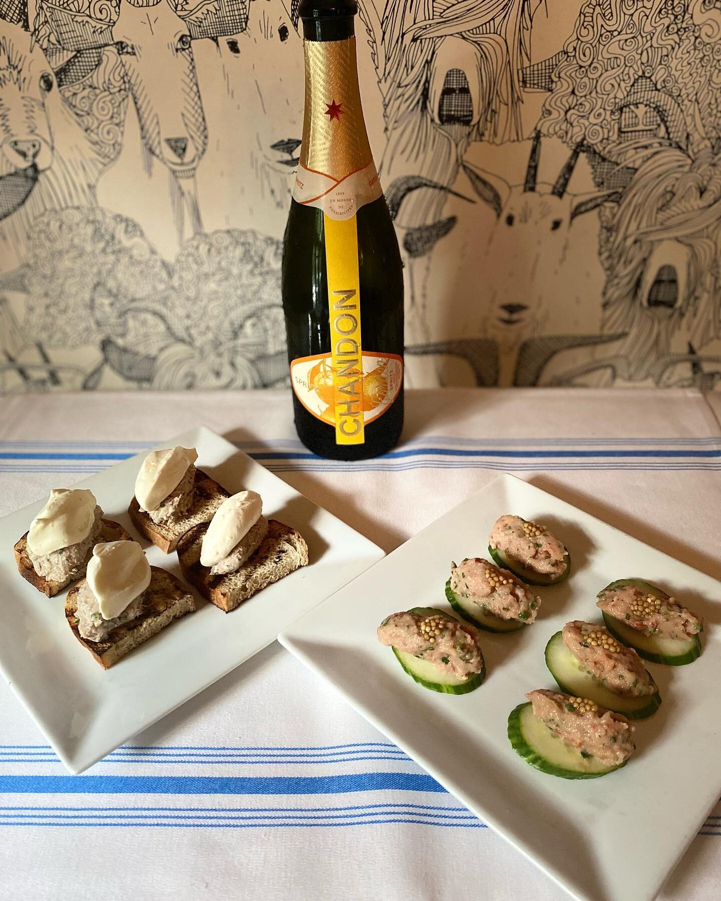 Our Reception begins with passed hor d&rsquo; oeuvres of Tuna &amp; Tomato Tartar on Cucumber slice and Duck Rillettes with Orange Creme Fraiche on Grilled Bread paired with Chandon Garden Spritz, Napa Valley, CA, NV #thefrenchgoat #lewisburgwv #bona