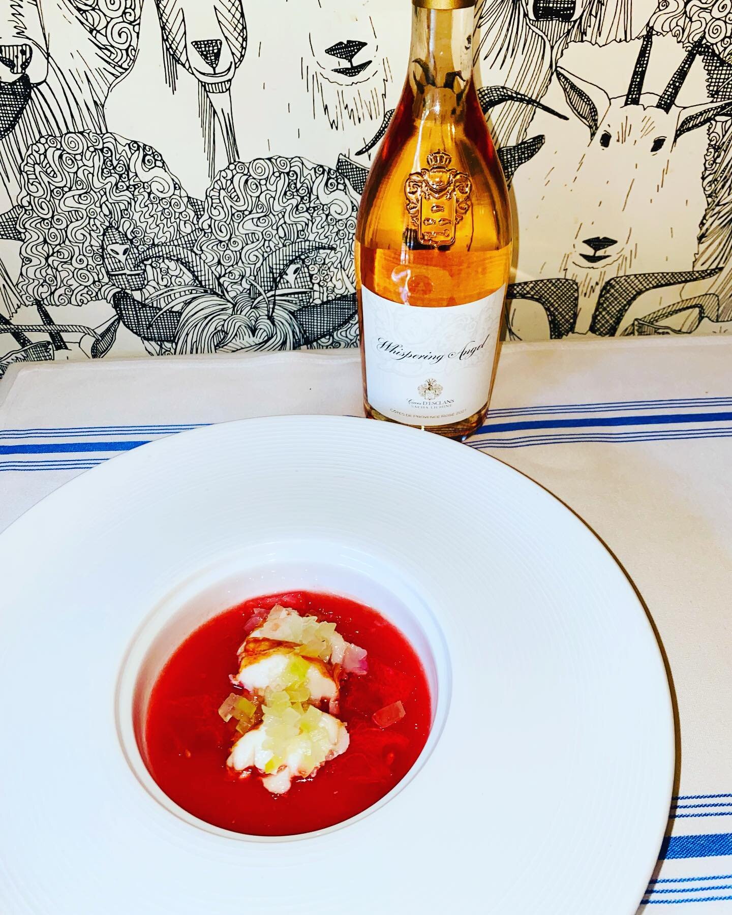 Our First Course is Watermelon Gazpacho with spiny lobster and lime paired with Whispering Angel Rose, Cotes de Provence, 2020 #thefrenchgoat #lewisburgwv #bonappalachia #simplygbv 
#bistrolife @moethennessy